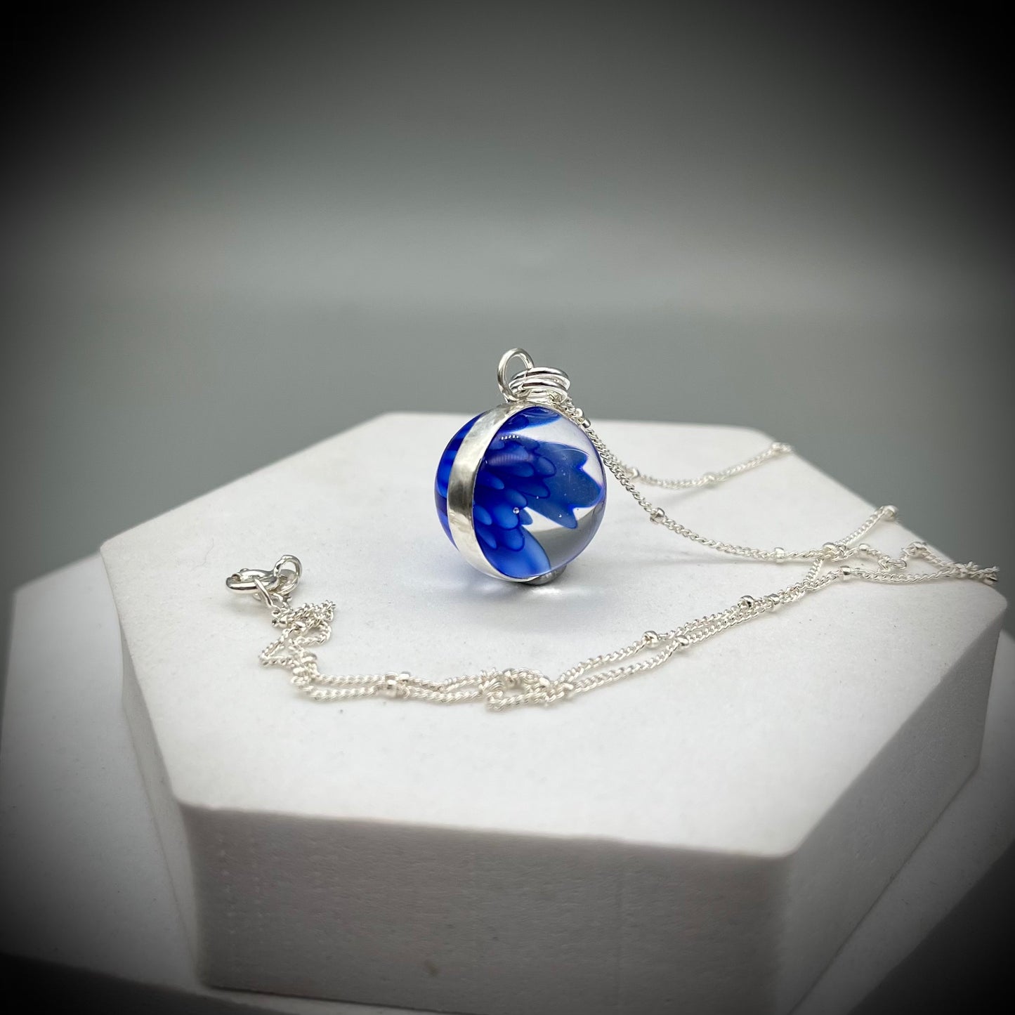Flower Marble Necklace, Handmade Flower Marble Necklace, Caged Marble Necklace, Blue Glass Marble and Silver Necklace