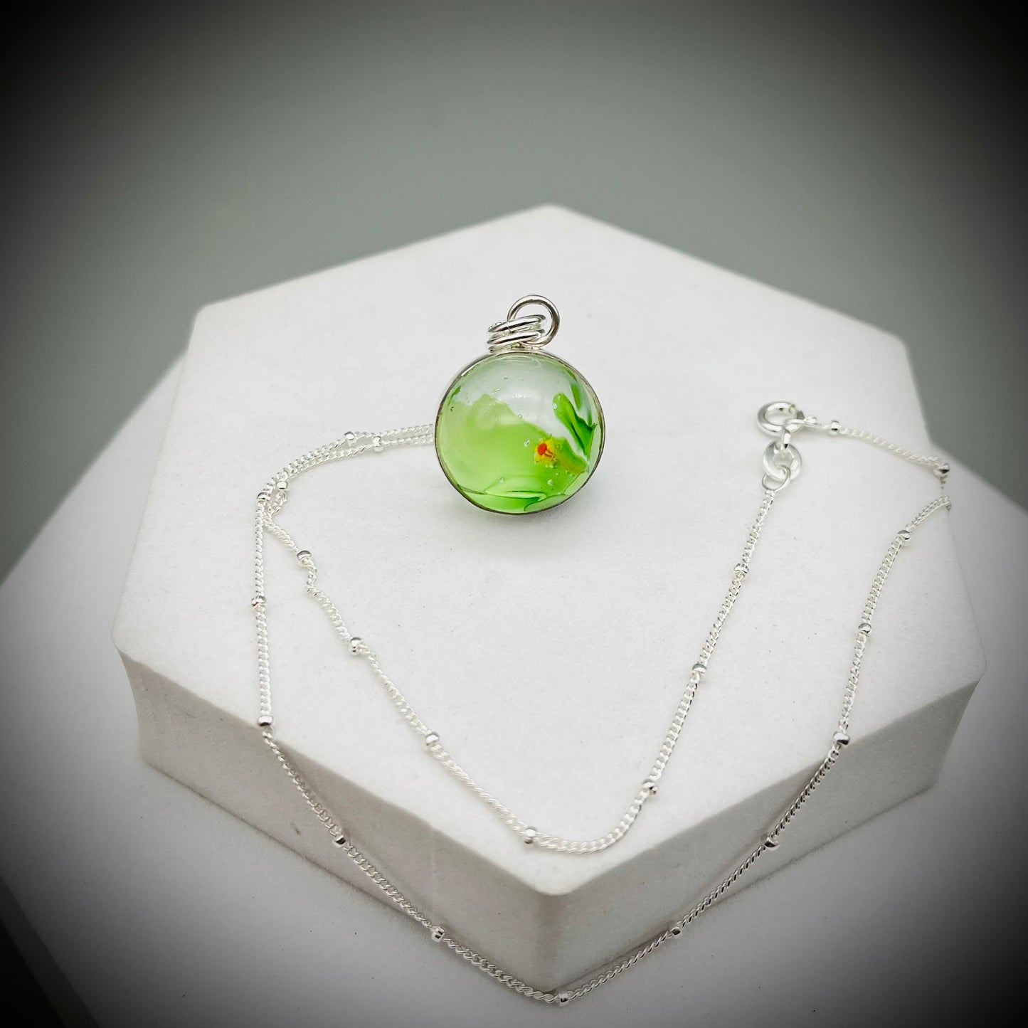 Flower Marble Necklace, Handmade Flower Marble Necklace, Caged Marble Necklace, Green Glass Marble and Silver Necklace