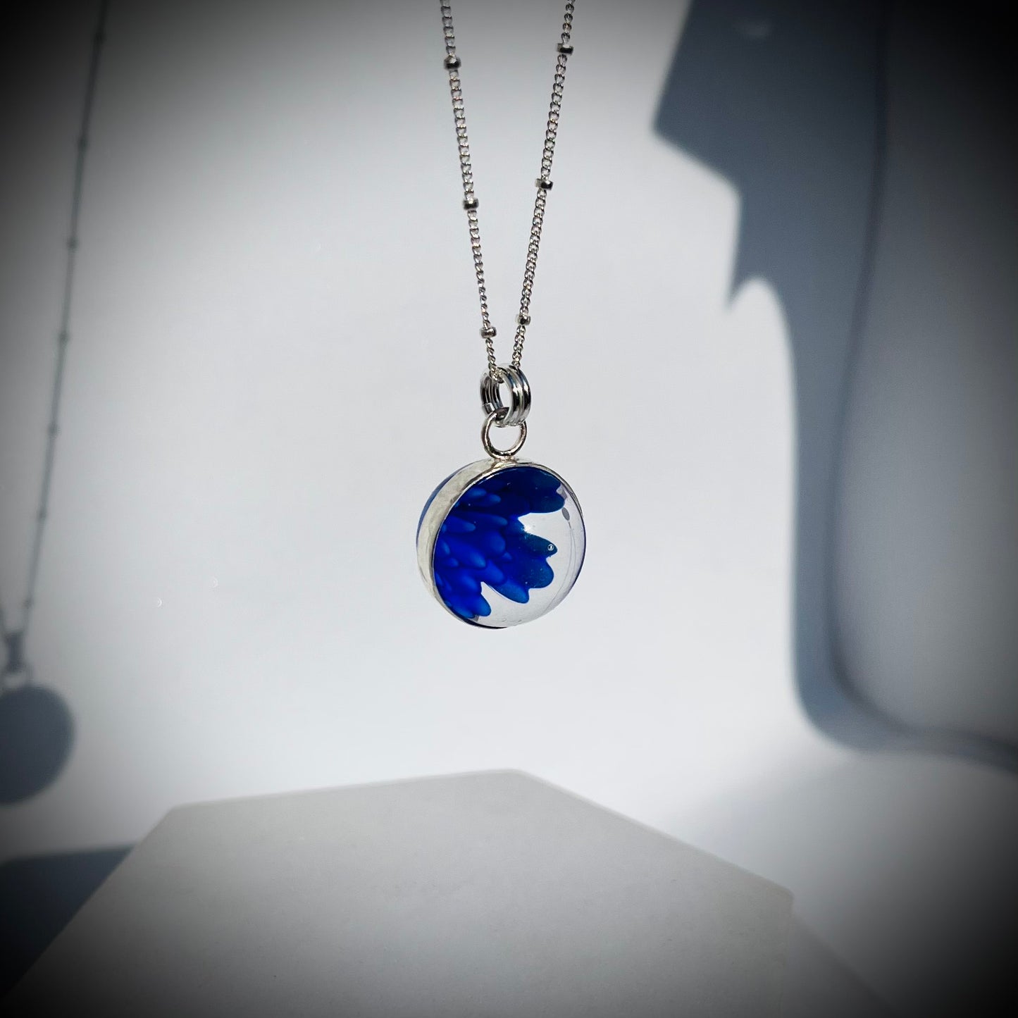 Flower Marble Necklace, Handmade Flower Marble Necklace, Caged Marble Necklace, Blue Glass Marble and Silver Necklace