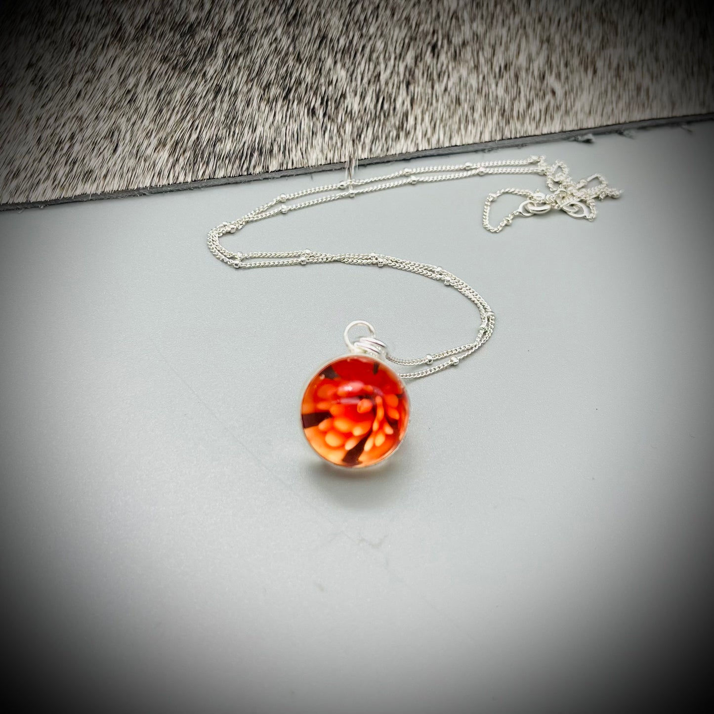 Flower Marble Necklace, Handmade Flower Marble Necklace, Caged Marble Necklace, Orange Glass Marble and Silver Necklace
