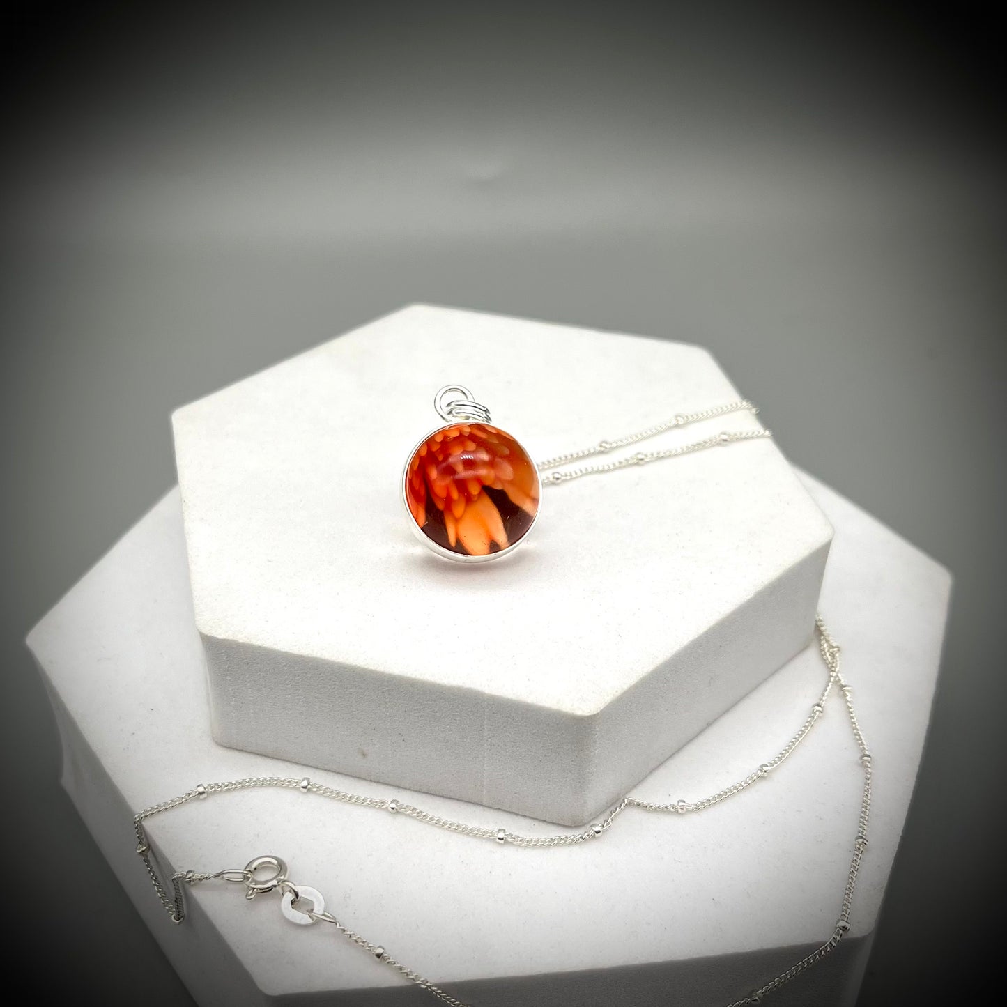 Flower Marble Necklace, Handmade Flower Marble Necklace, Caged Marble Necklace, Orange Glass Marble and Silver Necklace