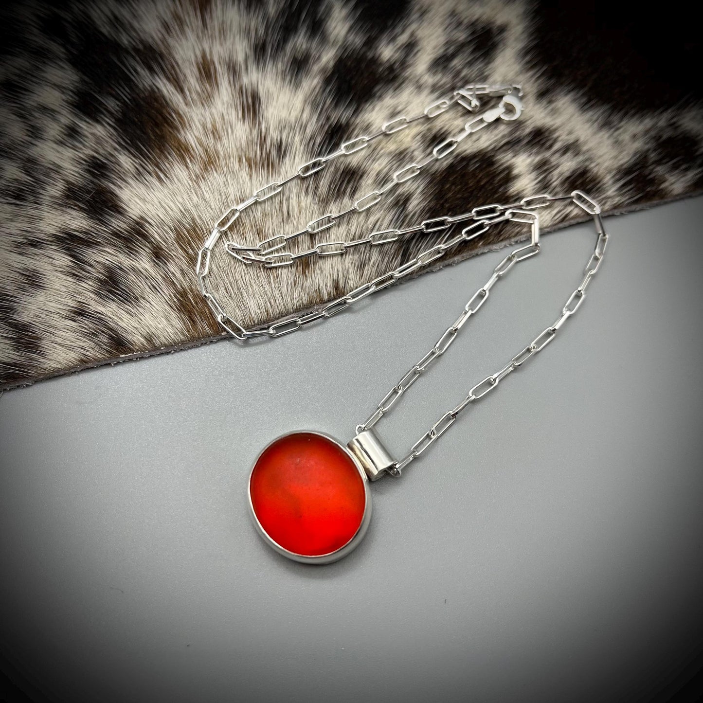 Orange Sea Glass Pendant, Large Sea Glass Necklace, Sea Glass and Sterling Silver Necklace, Orange Sea Glass Necklace, Sea Glass Paperclip