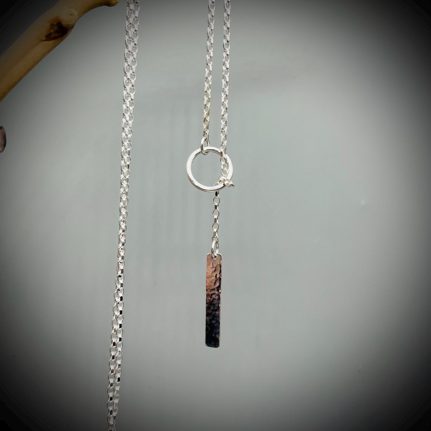 Long Sterling Silver Bar Necklace, Sterling Silver Lariat Necklace, Hammered Silver Hoop Lariat Necklace, Long Silver Hoop Necklace