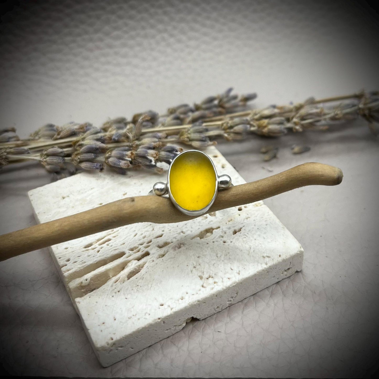 Sea Glass Ring, Yellow Sea Glass Ring, Sterling Silver Sea Glass Ring, Yellow Sea Glass Ring Size N
