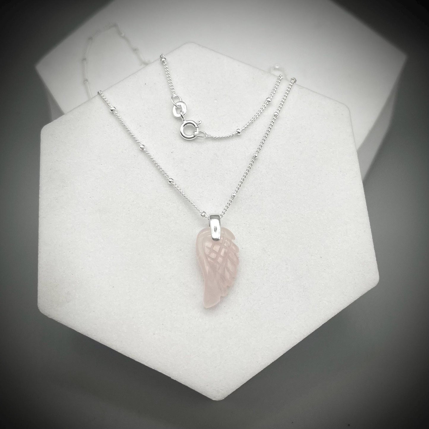 Rose Quartz Crystal Necklace, Angel Wing Necklace, Rose Quartz Angel Wing, Rose Quartz and Sterling Silver Necklace, Crystal Wing Necklace