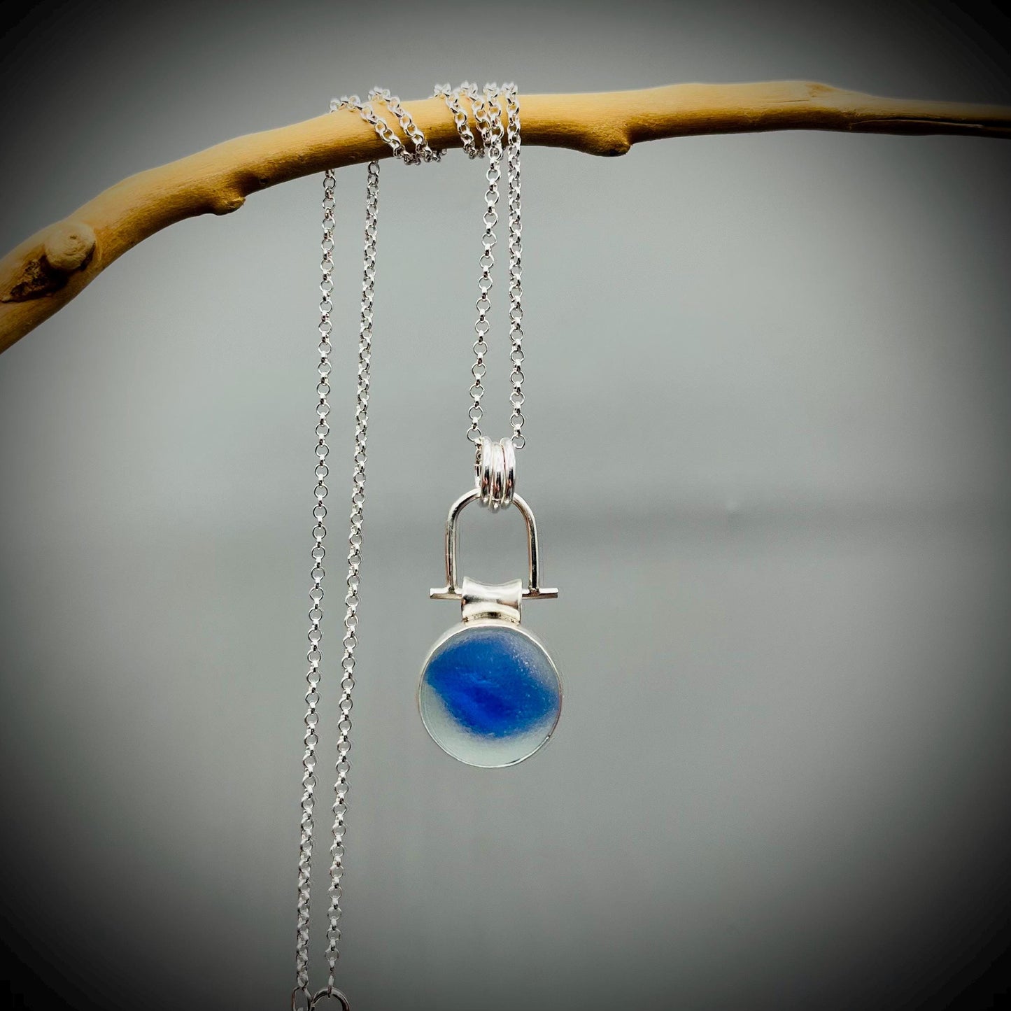 Sea Glass Marble Necklace, Blue Sea Glass Pendant, Blue Marble Pendant, Spinning Sea Glass Marble Pendant