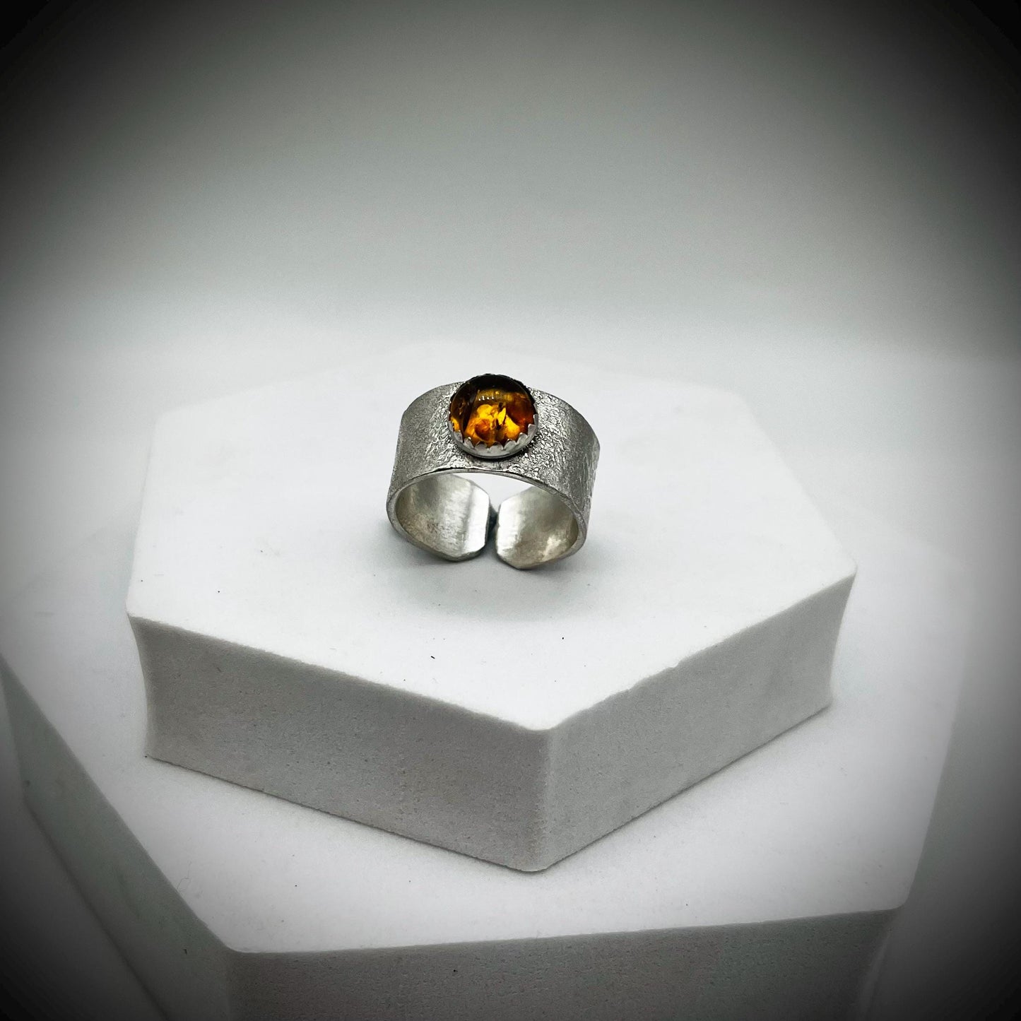 Sterling Silver Wide Ring Bang, Reticulated Silver Ring Band, Textured Silver Ring, Wide Silver Ring with Amber, Amber Thumb Ring,
