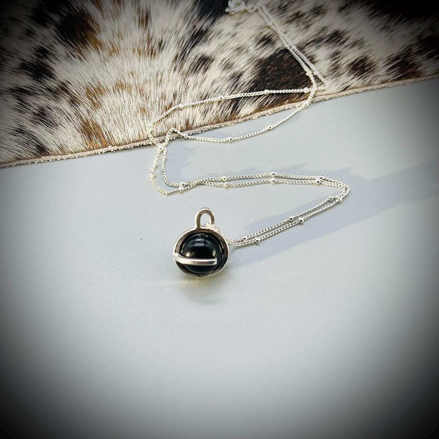 Black obsidian Crystal Necklace, Obsidian Crystal Ball Necklace, Caged Obsidian Crystal, Black Obsidian and Sterling Silver Necklace