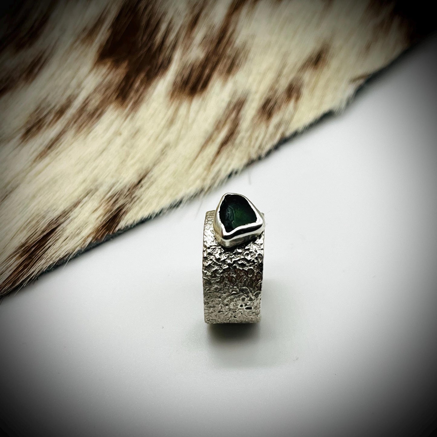 Sterling Silver Wide Ring Bang, Reticulated Silver Ring Band, Textured Silver Ring, Wide Silver Ring, Green Sea Glass and Silver Ring