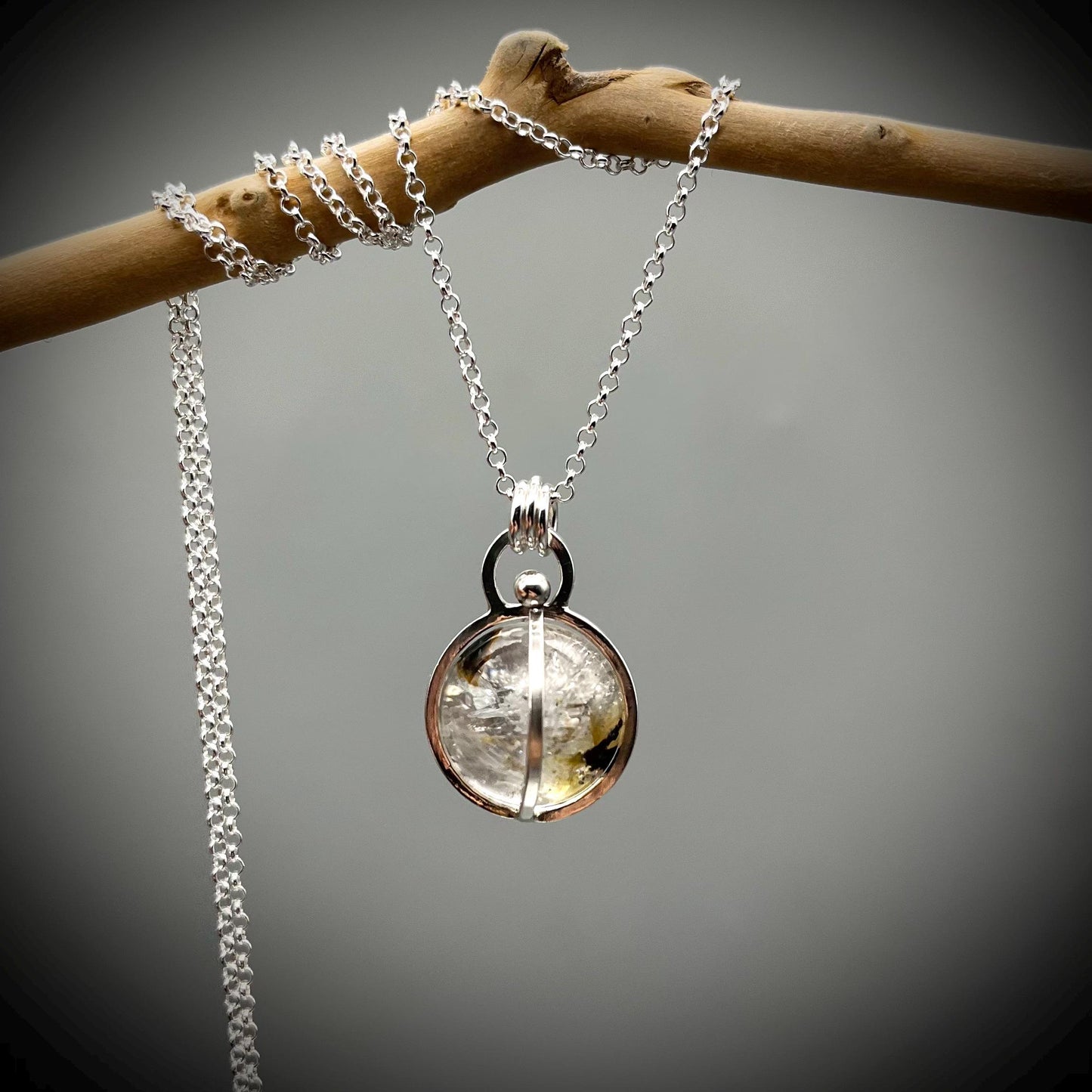 Herkimer Diamond Crystal Ball Necklace, Herkimer Diamond and Sterling Silver Necklace, Caged Herkimer Diamond Pendant