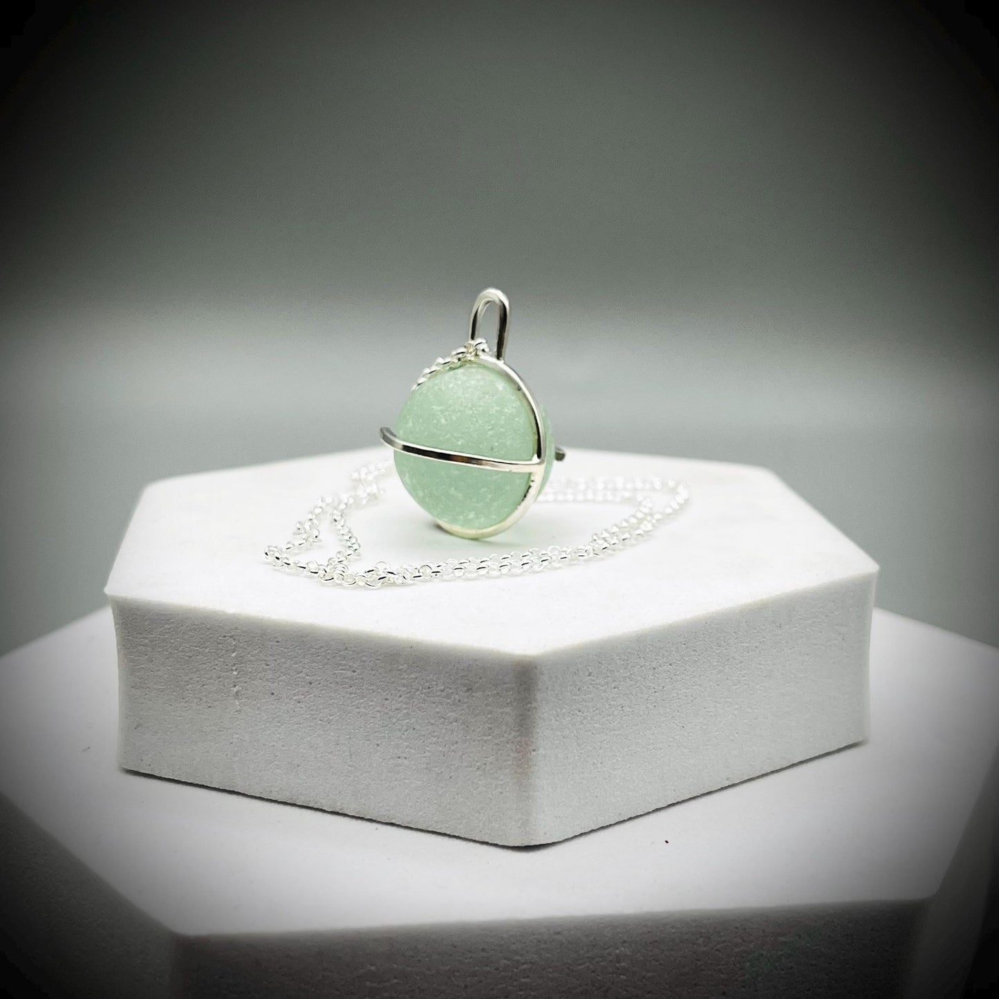 Genuine Codd Marble Necklace, Green Sea Glass Pendant, Green Marble Pendant, Caged Sea Glass Marble Pendant