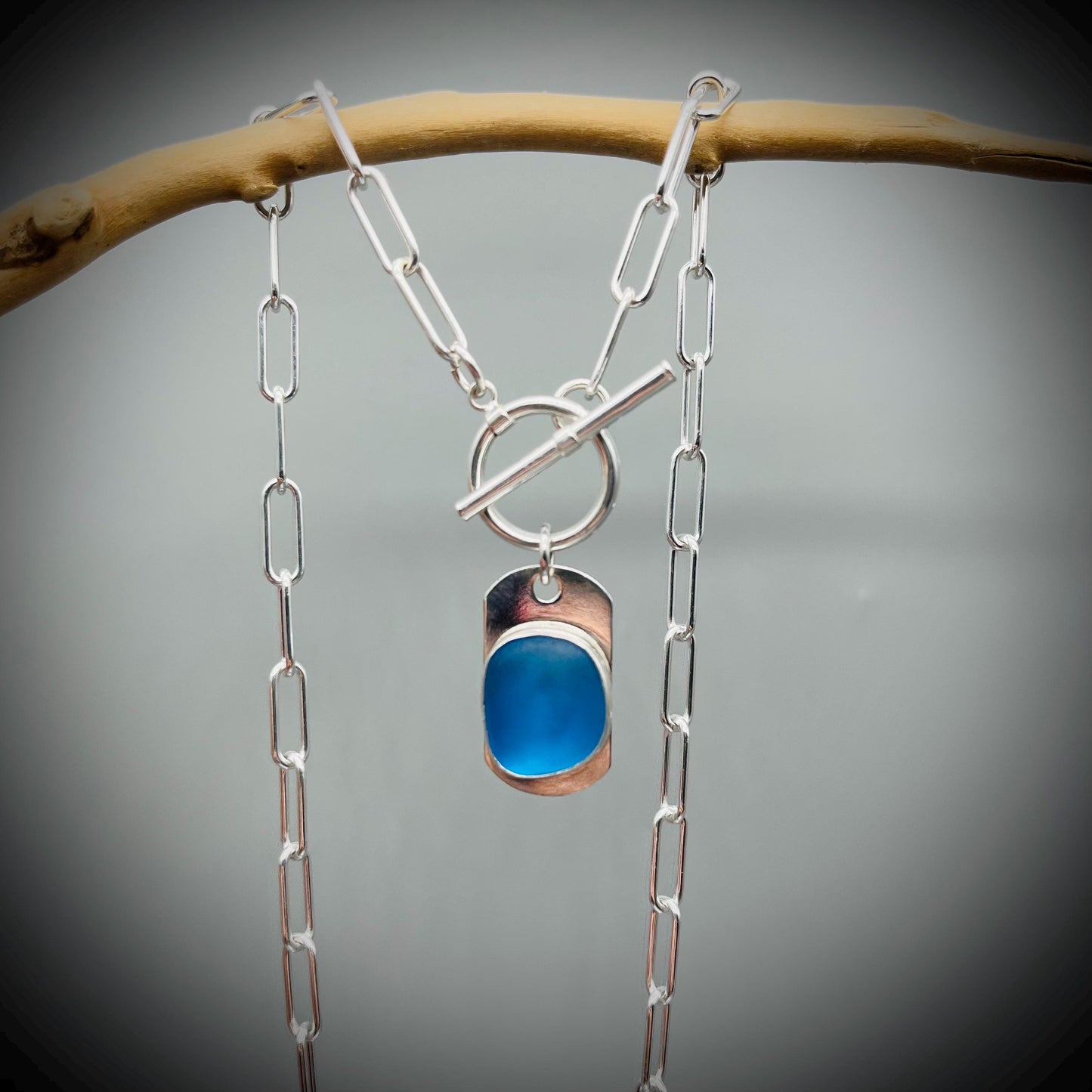 Blue Sea Glass Necklace, Sea Glass and Sterling Silver Pendant, Sea Glass and Paperclip Chain Necklace