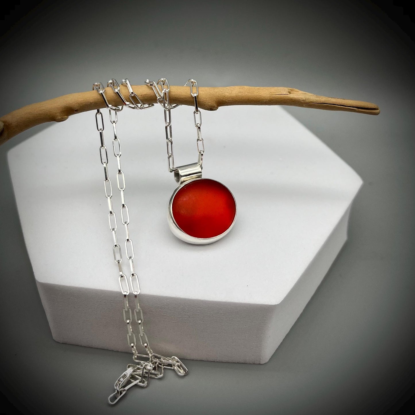 Orange Sea Glass Pendant, Large Sea Glass Necklace, Sea Glass and Sterling Silver Necklace, Orange Sea Glass Necklace, Sea Glass Paperclip
