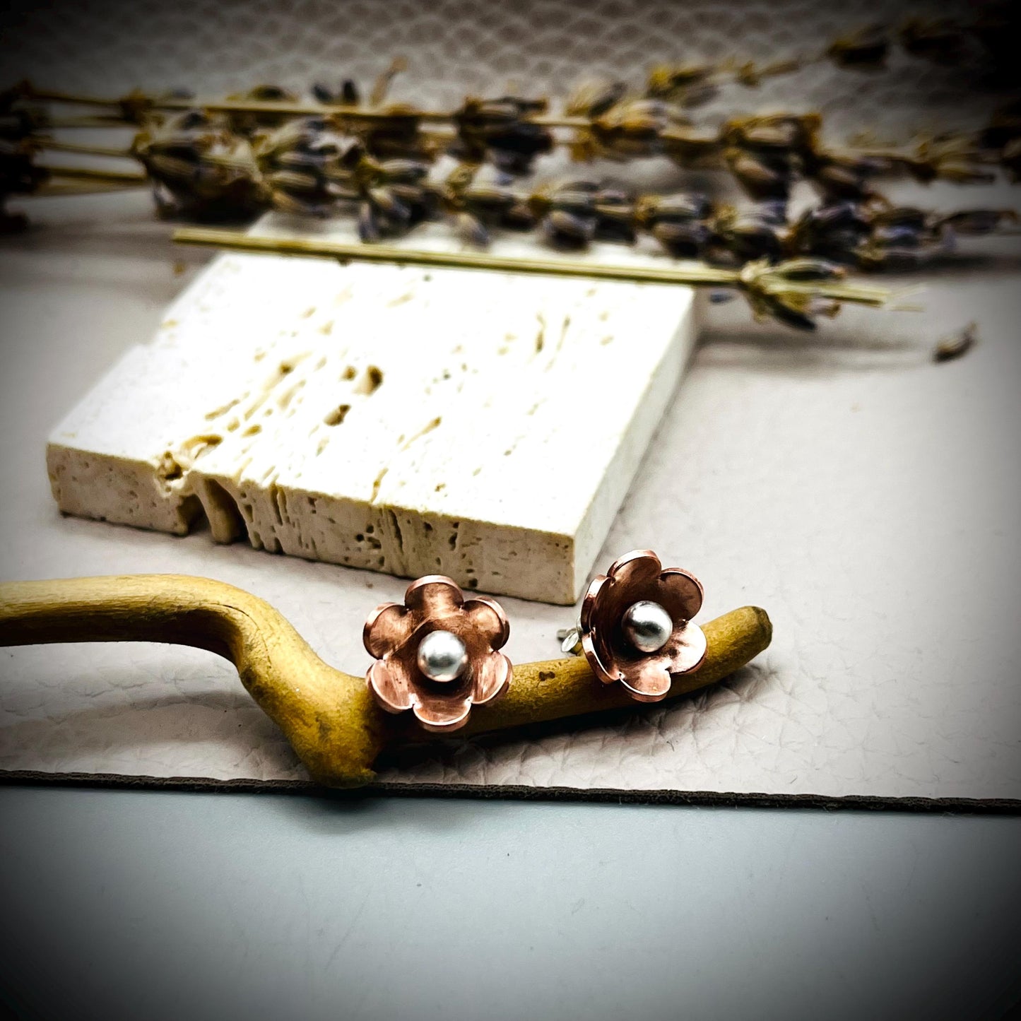 Copper and Sterling Silver Flower Earrings, Forget Me Not Stud Earrings, Daisy Stud Flower Earrings, Copper and Silver Flower Stud Earrings