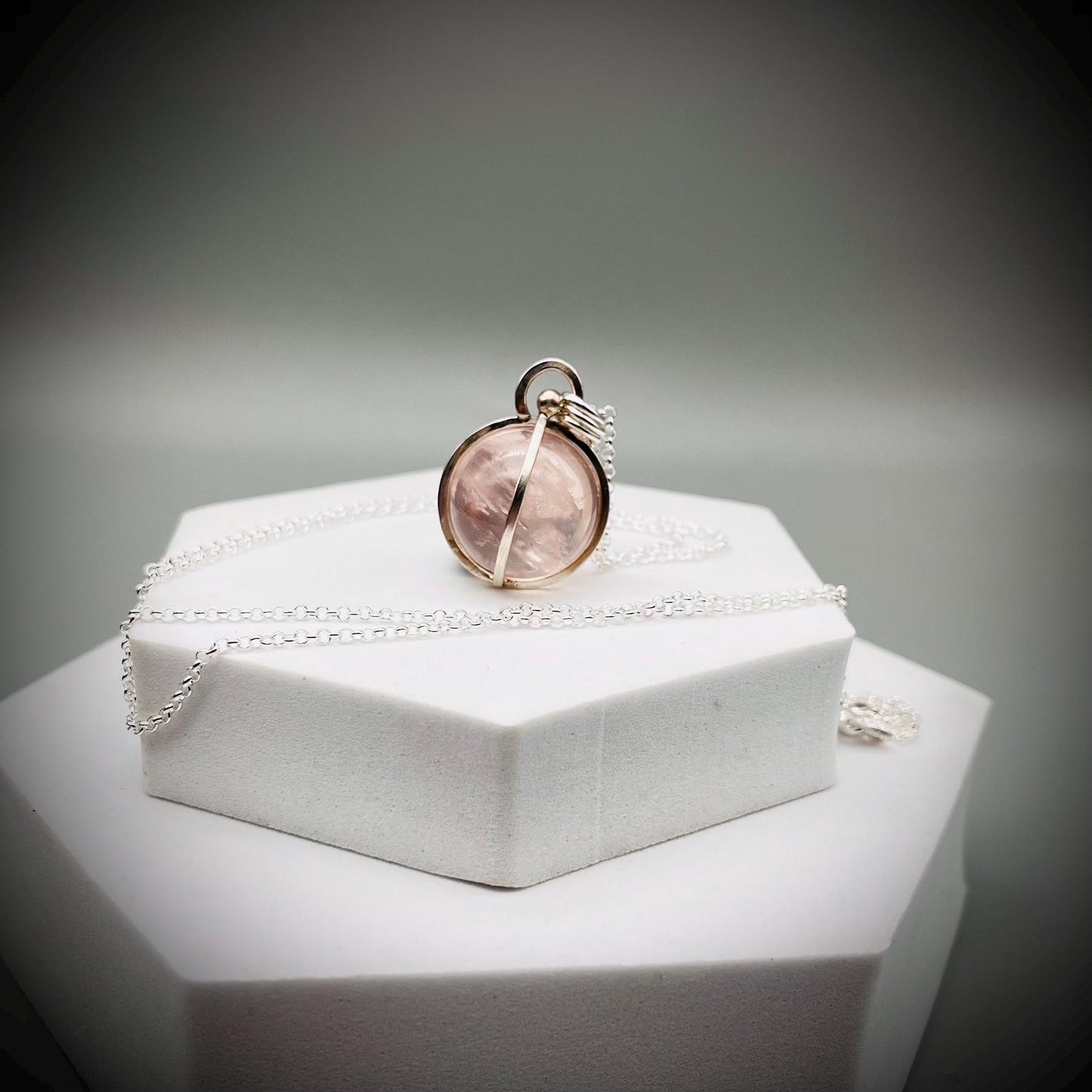 Rose Quartz Crystal Ball Necklace, Rose Quartz and Sterling Silver Necklace, Rose Quartz Pendant, Caged Rose Quartz Crystal