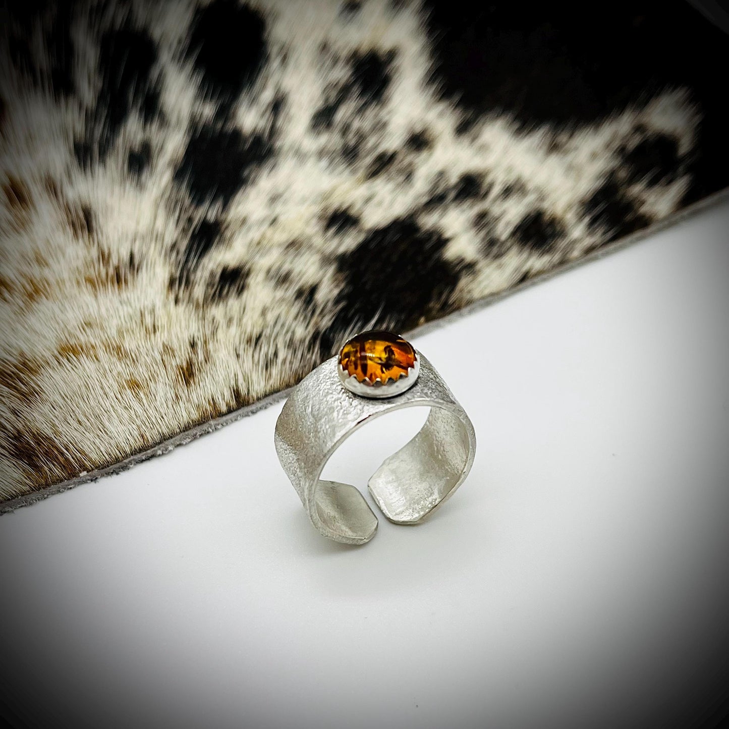 Sterling Silver Wide Ring Bang, Reticulated Silver Ring Band, Textured Silver Ring, Wide Silver Ring with Amber, Amber Thumb Ring,