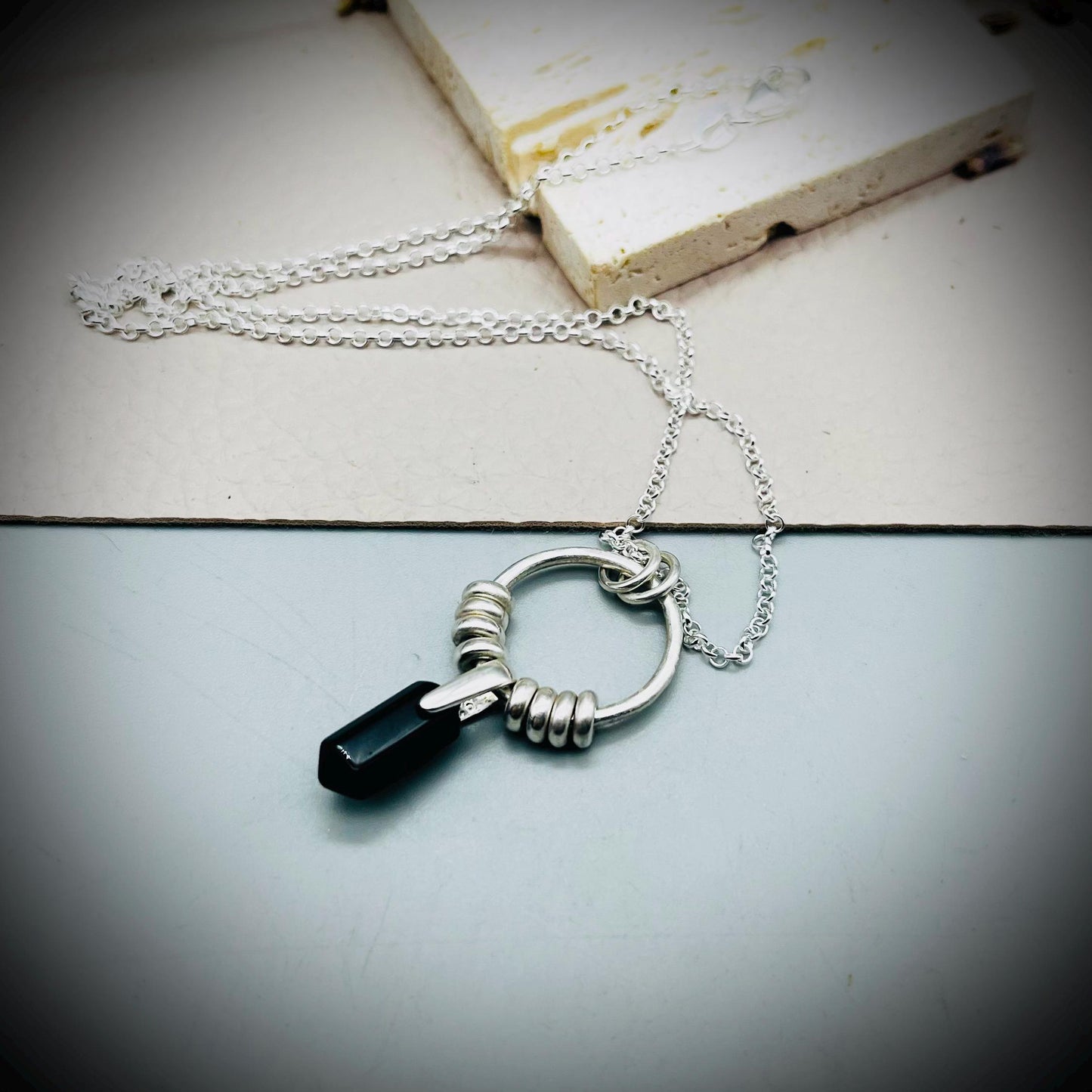 Black Obsidian Crystal Point Necklace, Obsidian Silver Hoop Pendant, Hammered Hoop Pendant with Obsidian, Obsidian Double Point Pendant