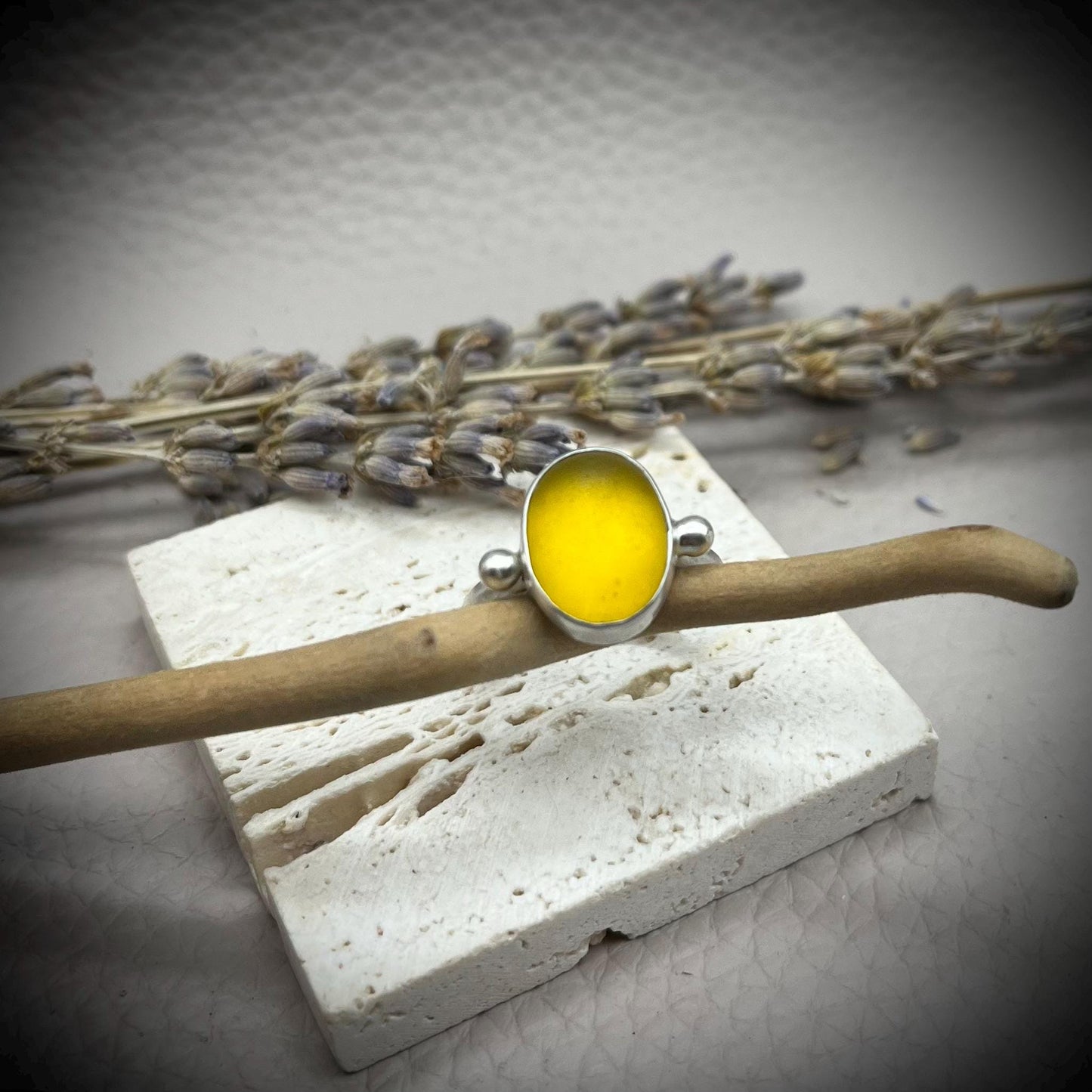 Sea Glass Ring, Yellow Sea Glass Ring, Sterling Silver Sea Glass Ring, Yellow Sea Glass Ring Size N