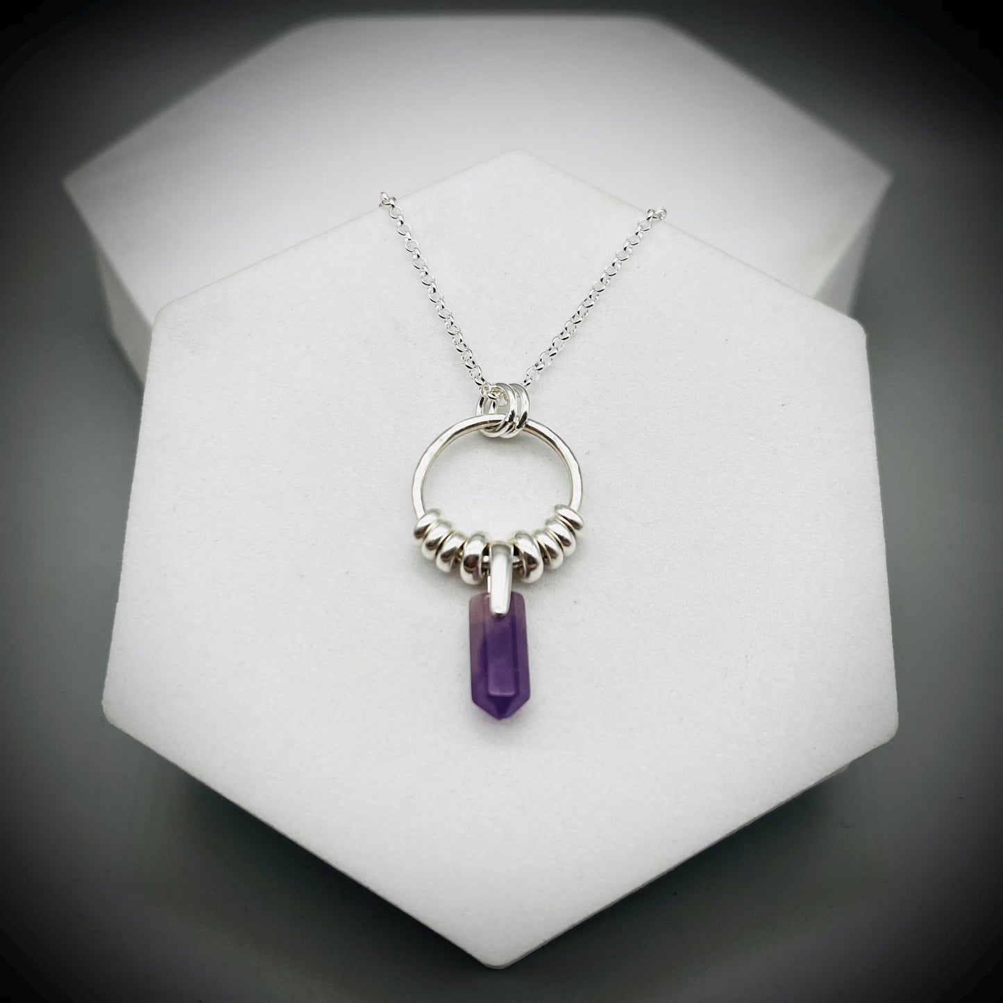 Amethyst Crystal Point Necklace, Amethyst Silver Hoop Pendant, Hammered Hoop Pendant with Amethyst, Amethyst and Silver Necklace