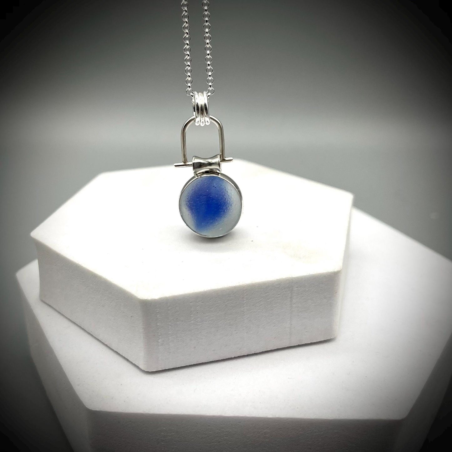Sea Glass Marble Necklace, Blue Sea Glass Pendant, Blue Marble Pendant, Spinning Sea Glass Marble Pendant