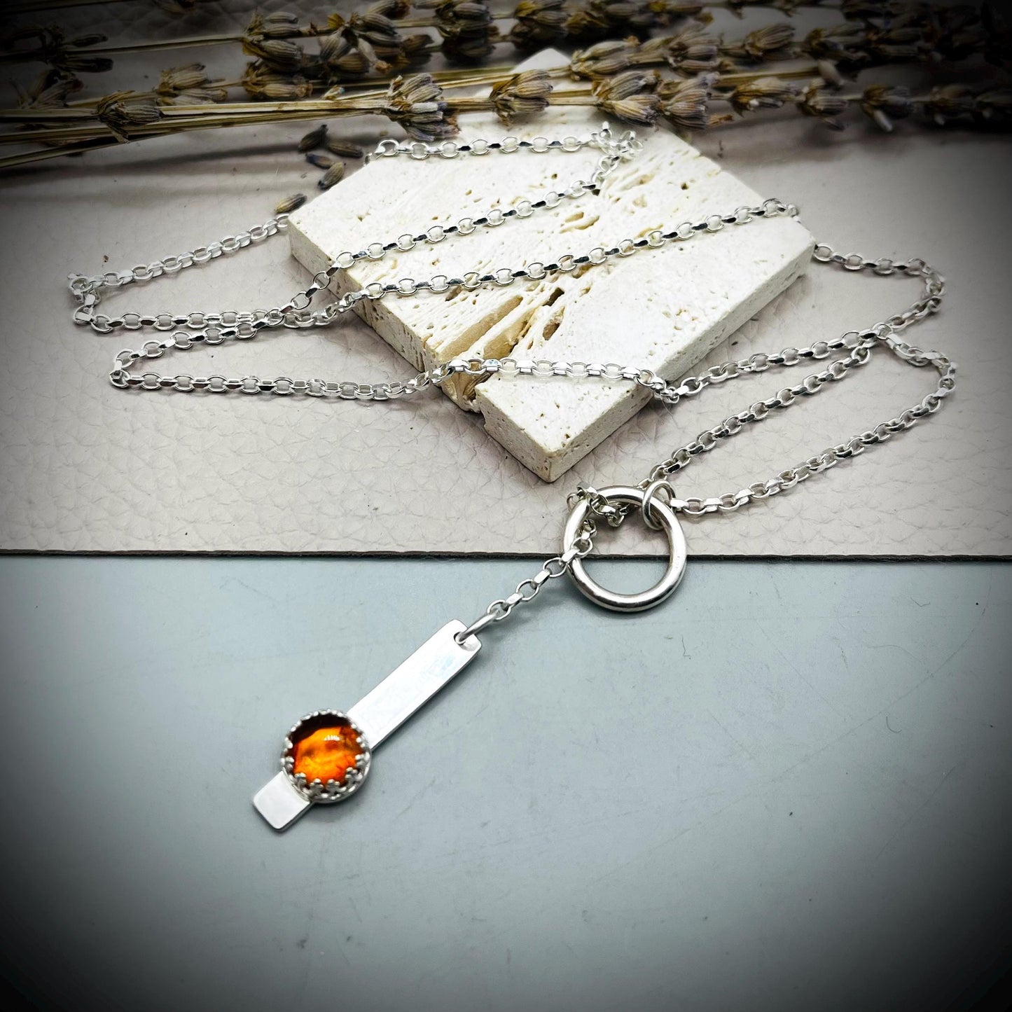 Long Sterling Silver Bar Necklace, Sterling Silver Lariat Necklace, Amber and Silver Hoop Lariat Necklace, Long Silver Hoop Necklace
