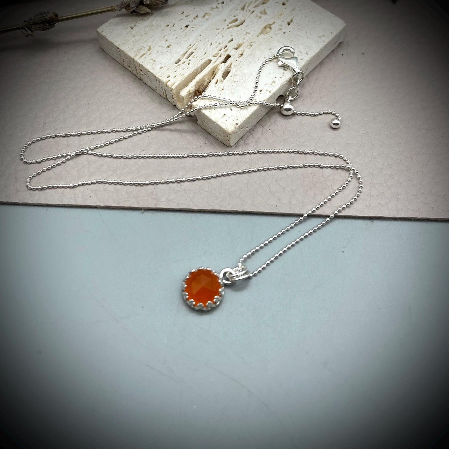 Carnelian and Sterling Silver Necklace, Carnelian Crystal Pendant Necklace, Carnelian and Silver Adjustable Necklace