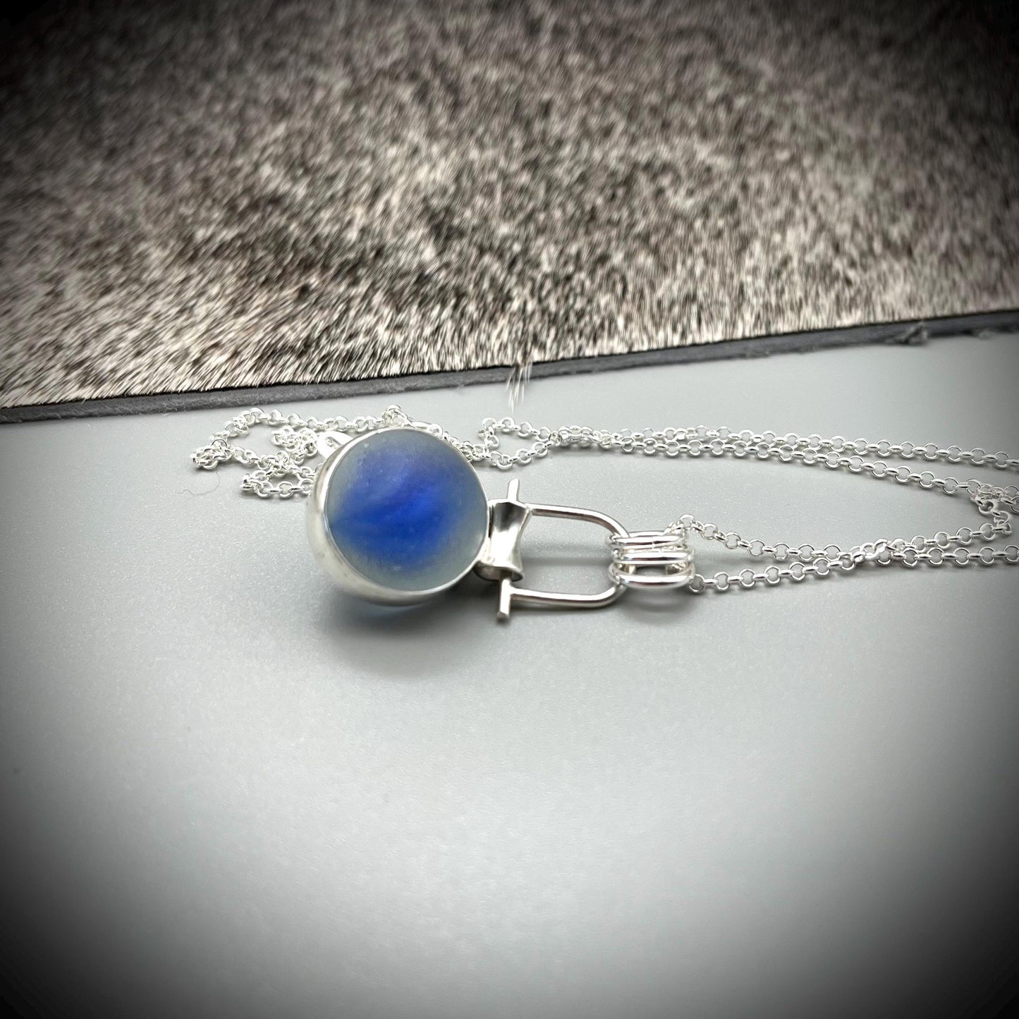 Sea Glass Marble Necklace, Blue Sea Glass Pendant, Blue Marble Pendant, Spinning Sea Glass Marble Pendant
