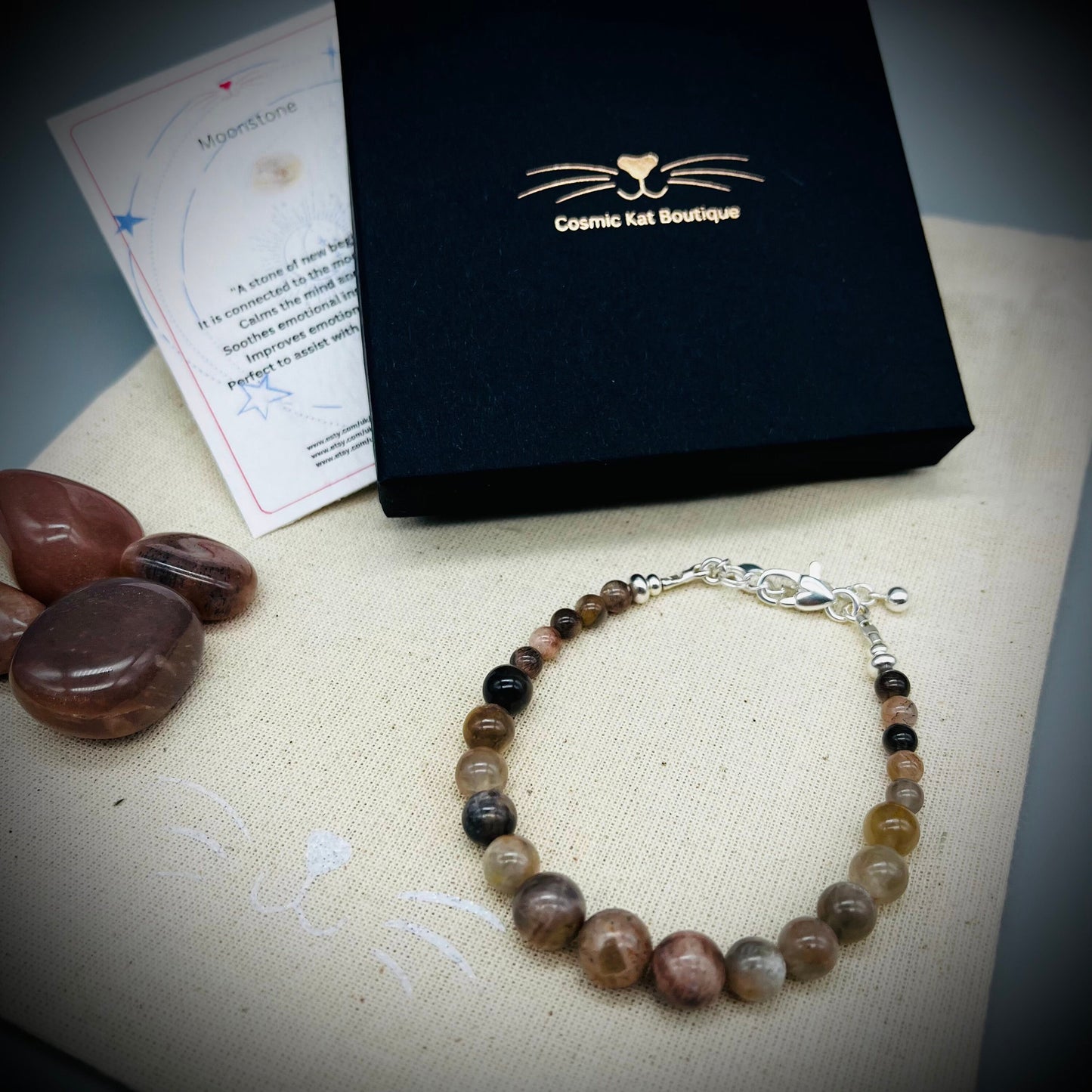 Moonstone Bracelet, Moonstone and Sterling Silver Bracelet, Moonstone Crystal Bracelet, Black Moonstone and Silver Bracelet, Moon Charm