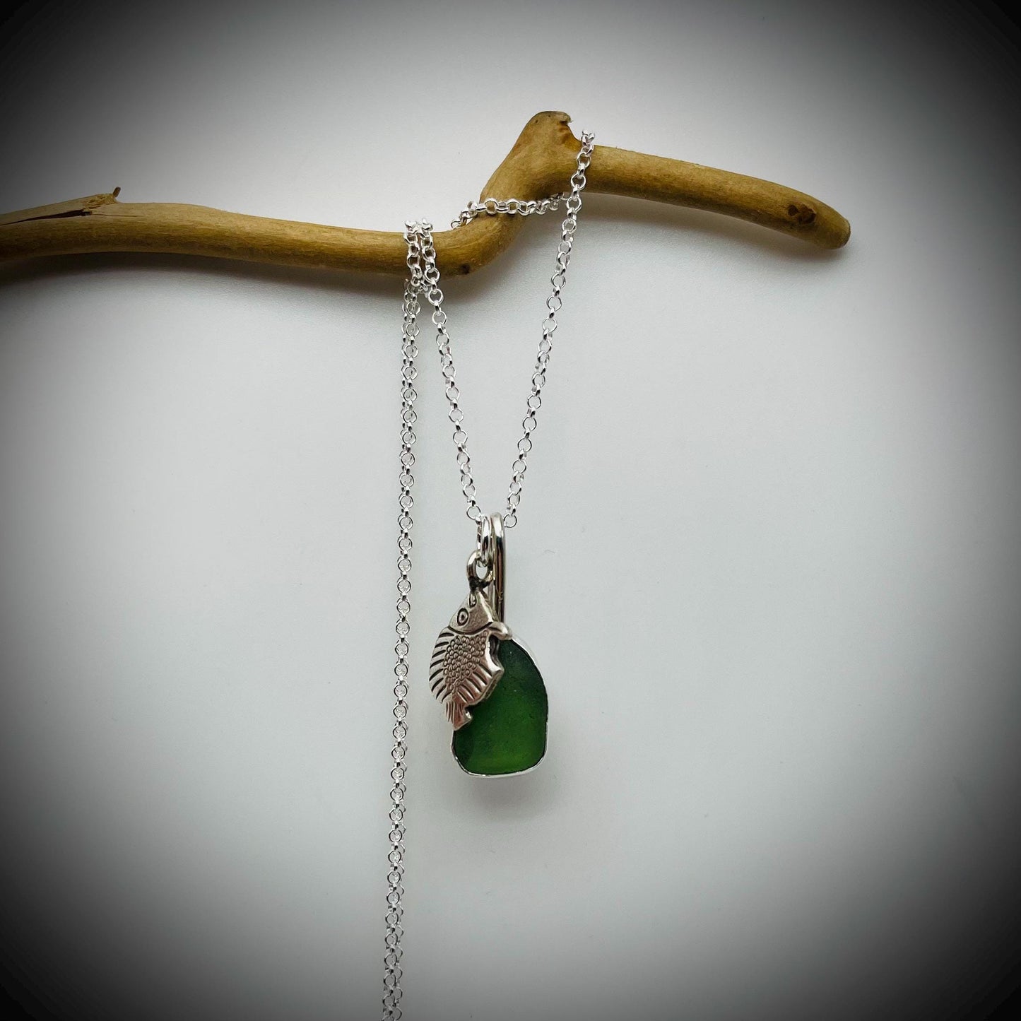 Green Sea Glass and Silver Fish Necklace, Green Sea Glass Pendant, Silver Fish Pendant, Fish and Sea Glass Necklace