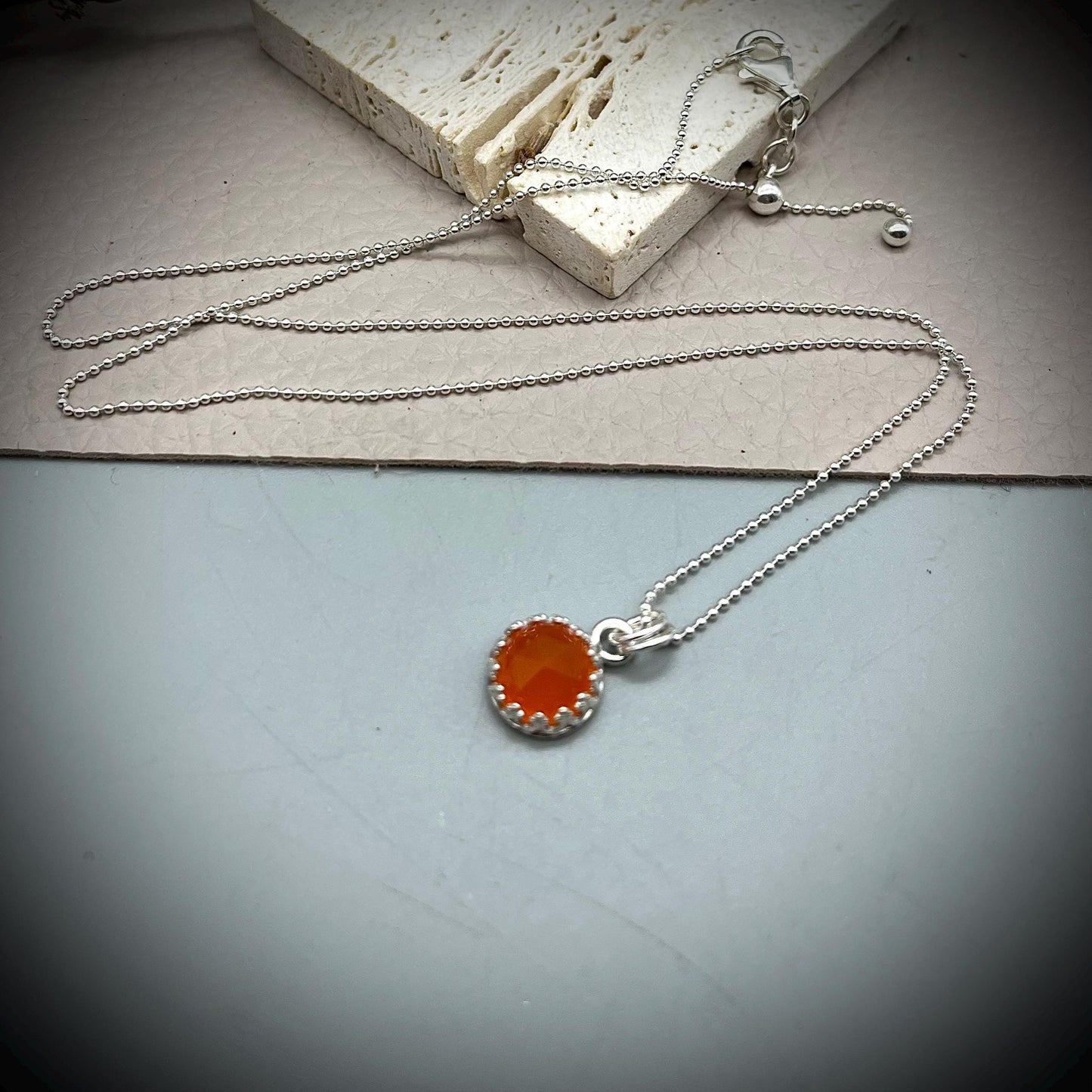 Carnelian and Sterling Silver Necklace, Carnelian Crystal Pendant Necklace, Carnelian and Silver Adjustable Necklace