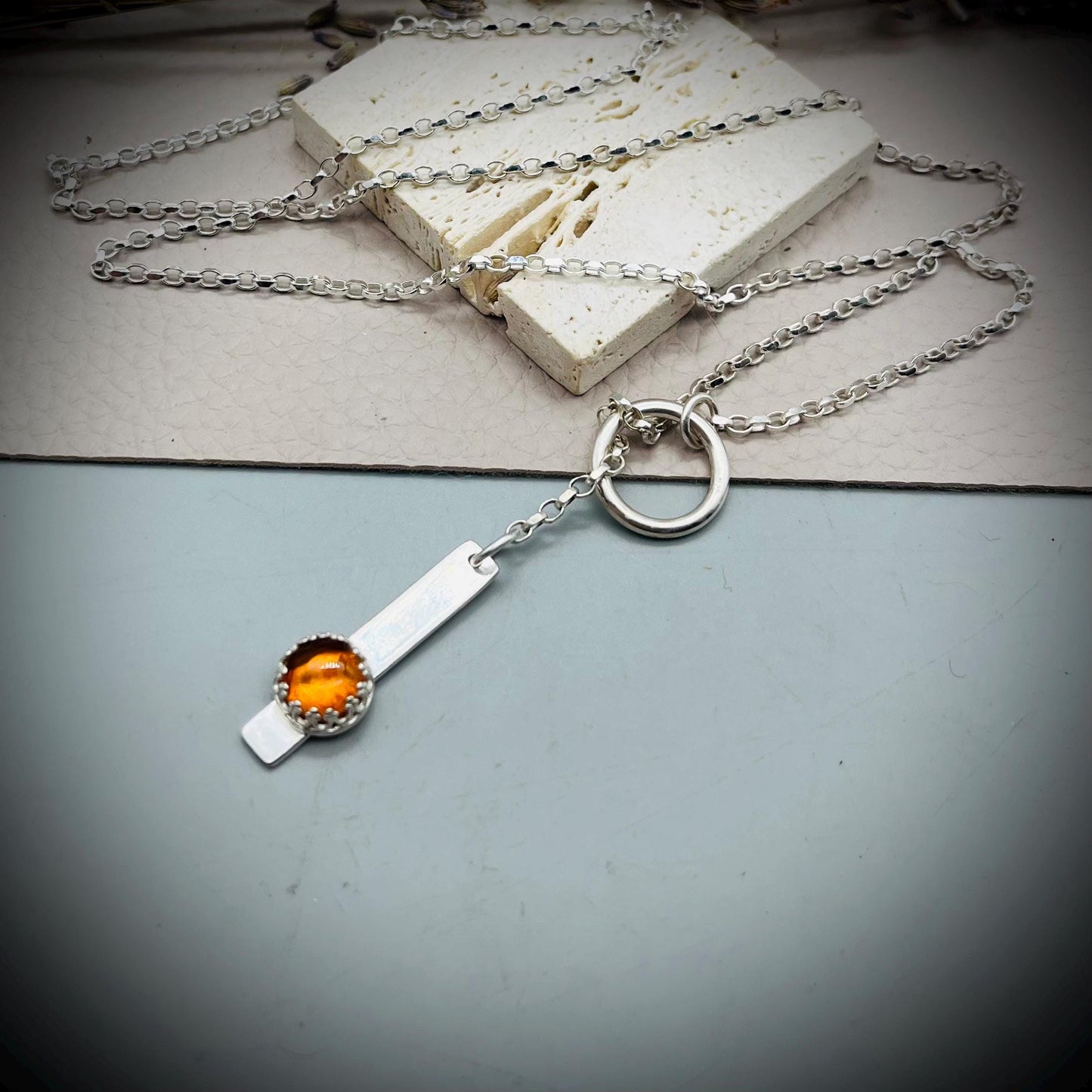Long Sterling Silver Bar Necklace, Sterling Silver Lariat Necklace, Amber and Silver Hoop Lariat Necklace, Long Silver Hoop Necklace