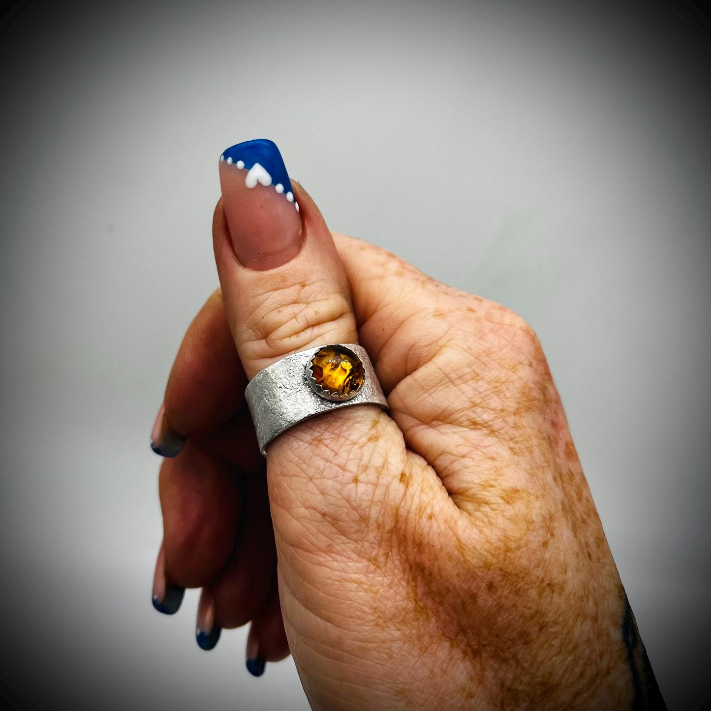 Sterling Silver Wide Ring Bang, Reticulated Silver Ring Band, Textured Silver Ring, Wide Silver Ring with Amber, Amber Thumb Ring,