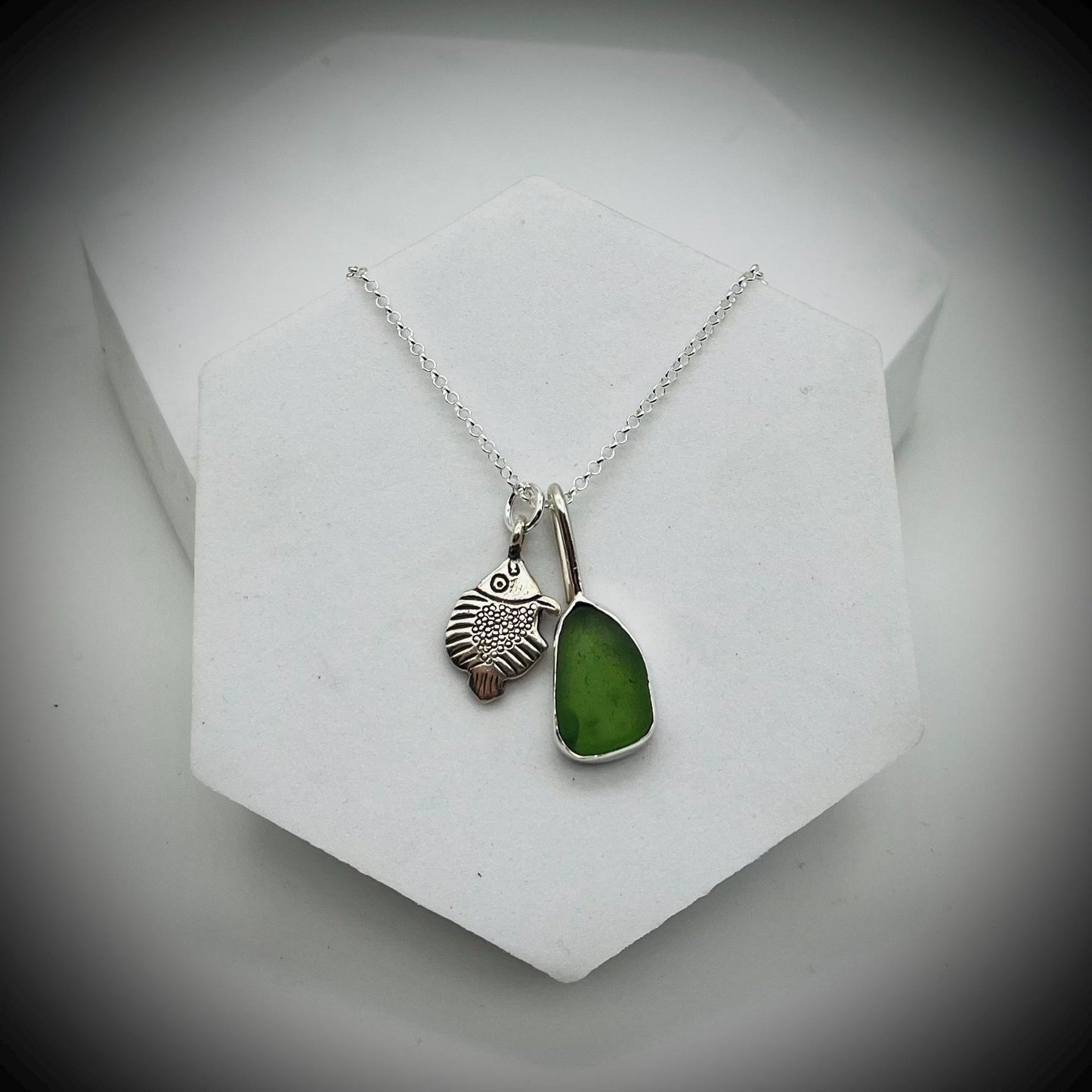 Green Sea Glass and Silver Fish Necklace, Green Sea Glass Pendant, Silver Fish Pendant, Fish and Sea Glass Necklace