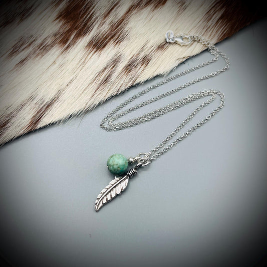 Turquoise and Sterling Silver Necklace, Turquoise Feather Necklace, Turquoise and Silver Pendant, Karen Silver Pendant, Feather Necklace