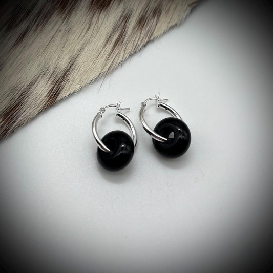 Black Onyx Crystal Hoop Hearings, Onyx and Sterling Silver Earrings, Silver Hoop Earrings,  Black Onyx Earrings, Crystal Silver Hoops