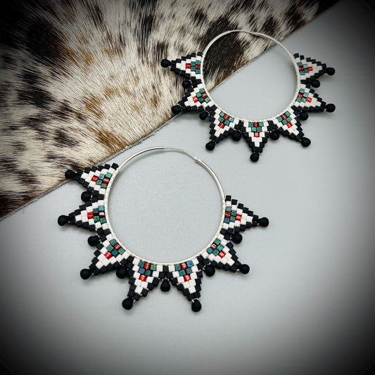 Native American Style Earrings, Boho Beaded Hoop Earrings, Native Hoop Earrings, Beaded Folk Earrings, Tribal Hoop Earrings