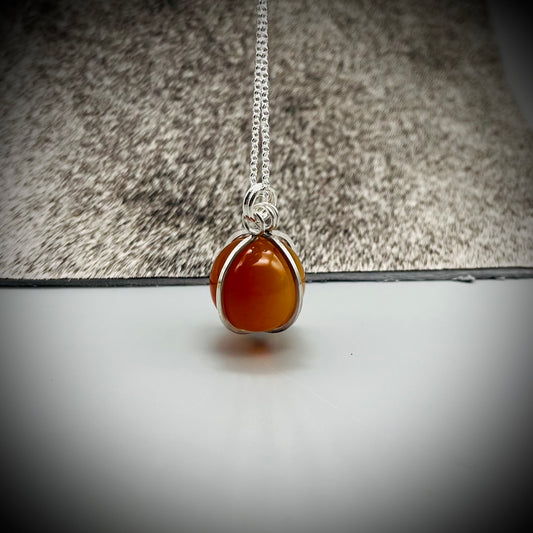 Carnelian Crystal Ball Necklace, Carnelian and Sterling Silver Pendant, Carnelian Crystal Sphere Pendant, Caged Carnelian Crystal