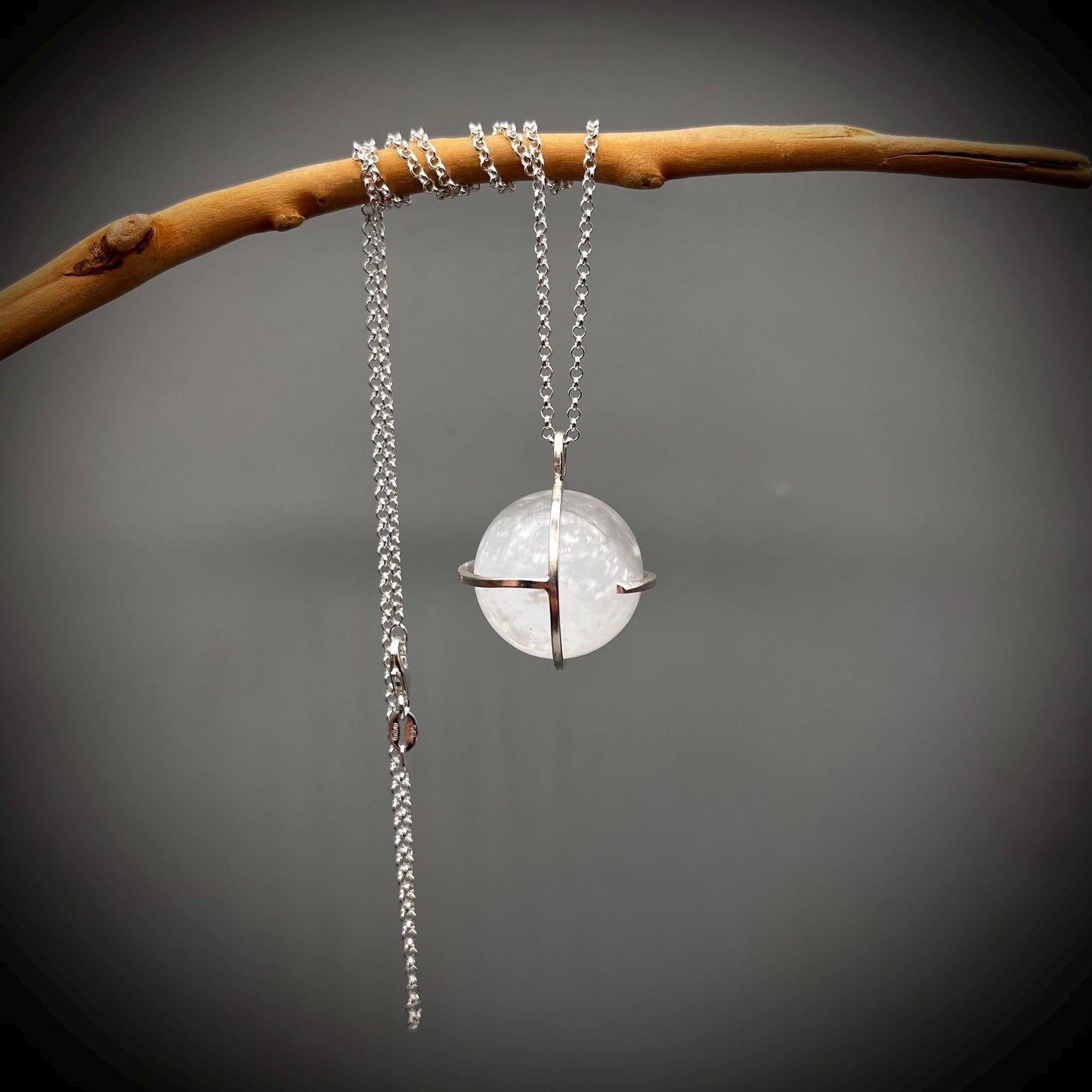 Selenite Crystal Ball Necklace, Selenite and Sterling Silver Necklace, Caged Selenite Pendant, Selenite and Silver Pendant, Caged Crystal