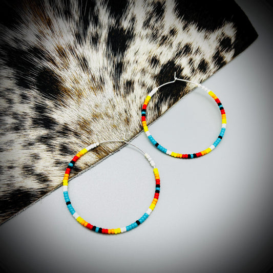 Native American Style Earrings, Boho Beaded Hoop Earrings, Native Hoop Earrings, Beaded Folk Earrings, Tribal Hoop Earrings, Aztec Earrings