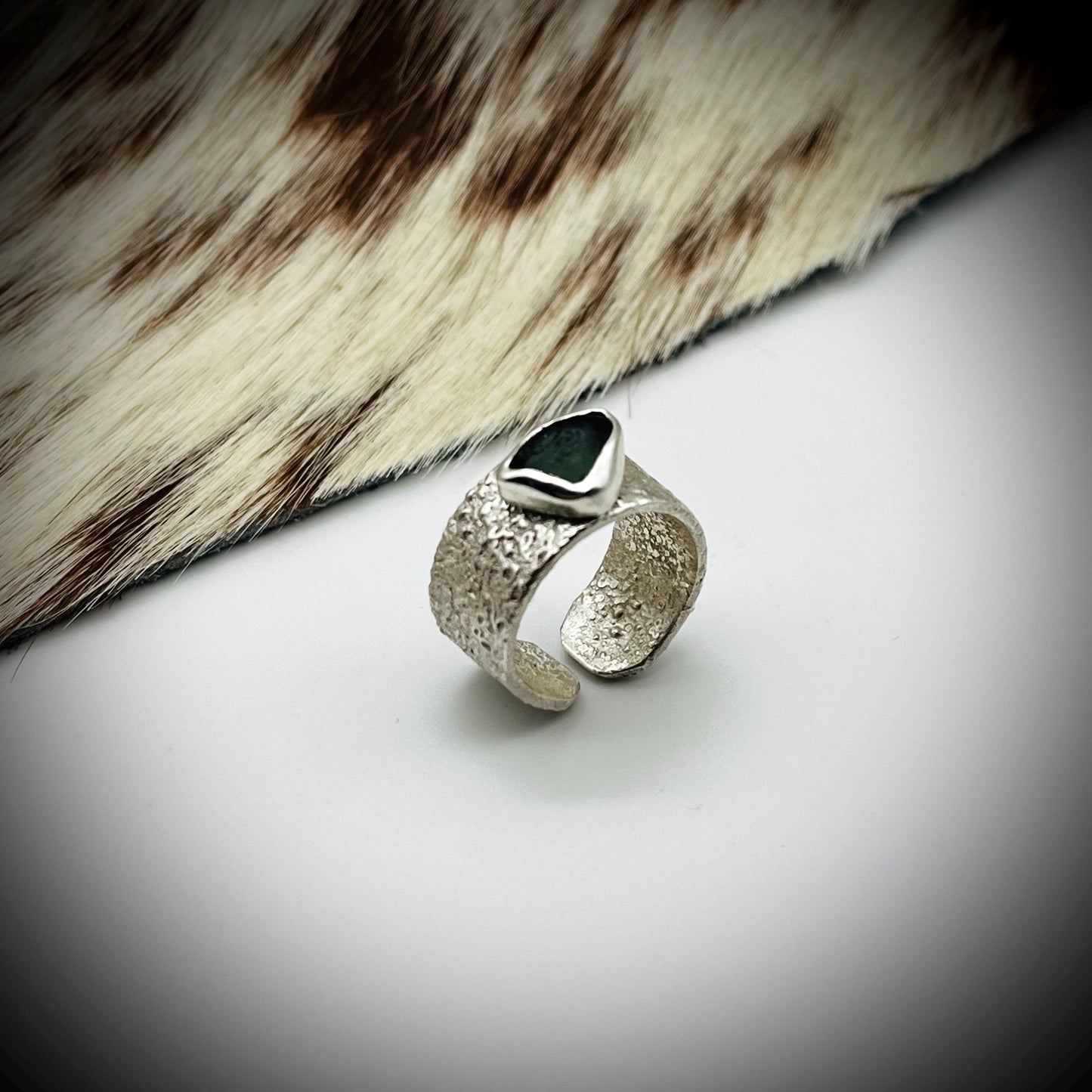 Sterling Silver Wide Ring Bang, Reticulated Silver Ring Band, Textured Silver Ring, Wide Silver Ring, Green Sea Glass and Silver Ring