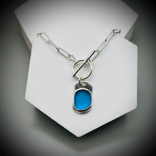Blue Sea Glass Necklace, Sea Glass and Sterling Silver Pendant, Sea Glass and Paperclip Chain Necklace