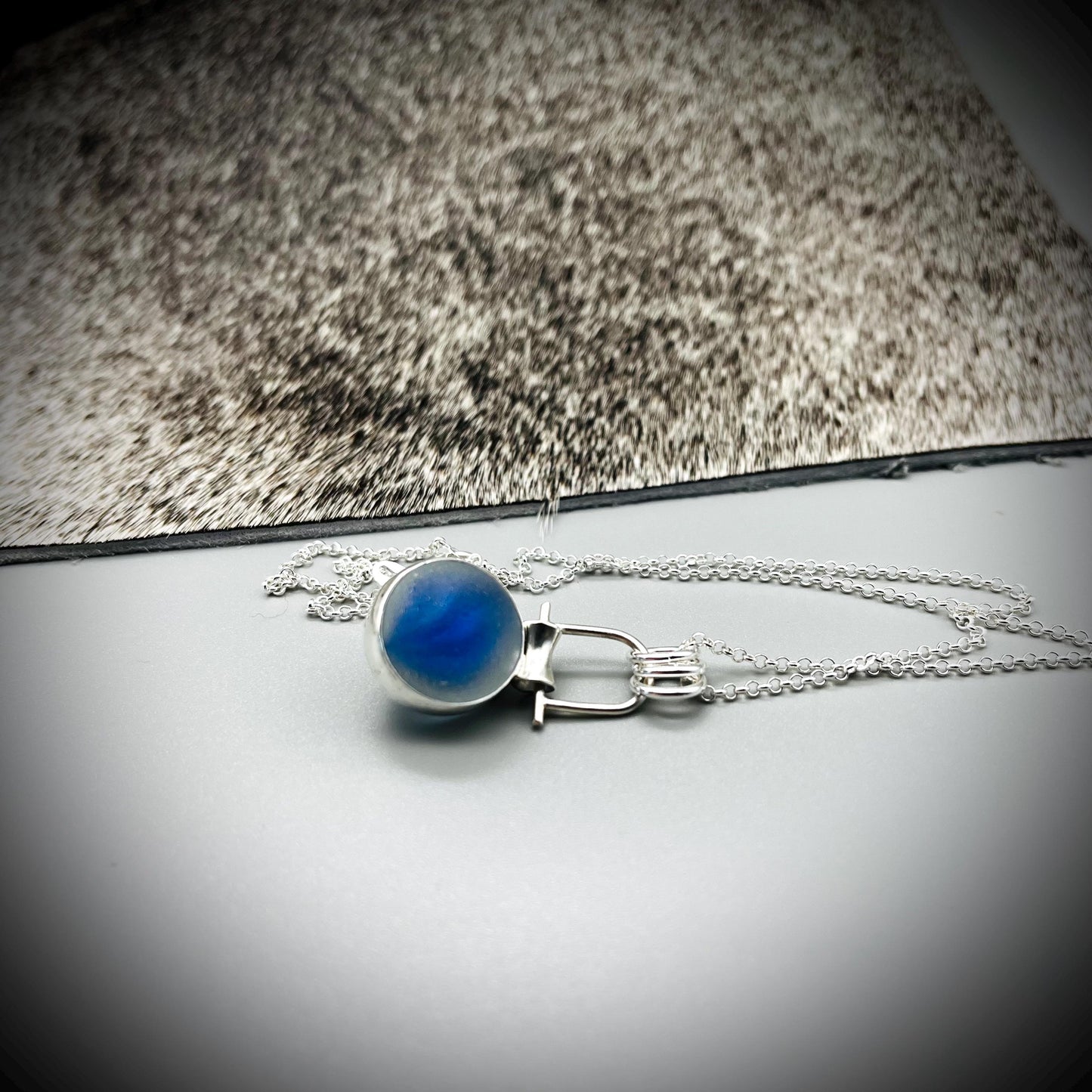 Sea Glass Marble Necklace, Blue Sea Glass Pendant, Blue Marble Pendant, Spinning Sea Glass Marble Pendant
