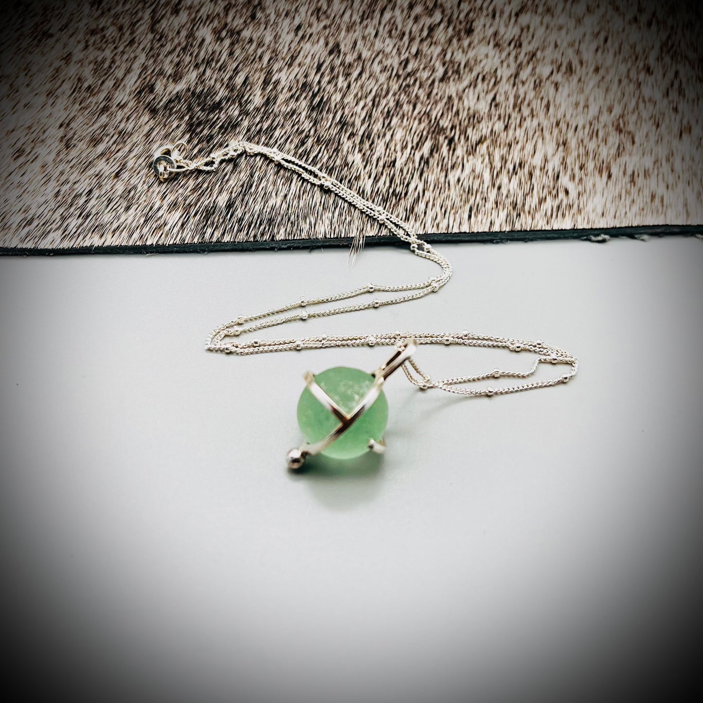 Codd Marble Necklace, Sea Glass Pendant, Green Marble Pendant, Caged Sea Glass Marble Pendant
