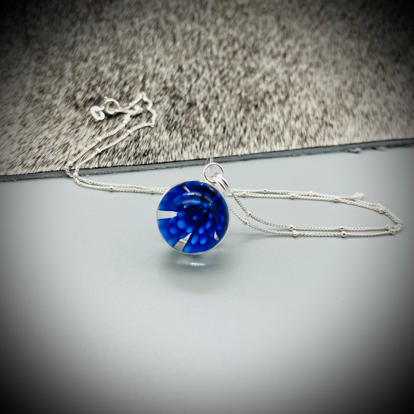 Flower Marble Necklace, Handmade Flower Marble Necklace, Caged Marble Necklace, Blue Glass Marble and Silver Necklace