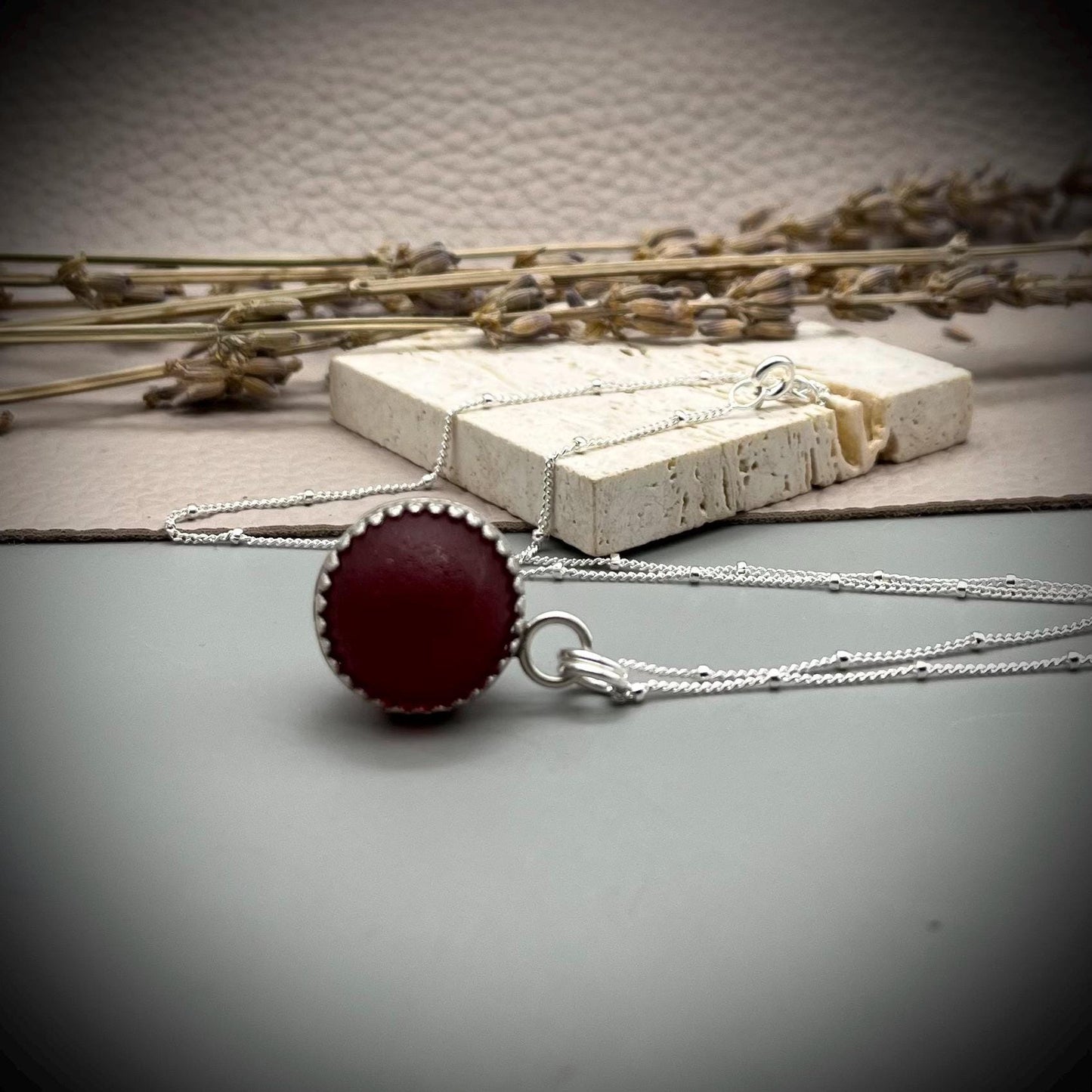 Red Sea Glass Marble Necklace, Handmade Sterling Silver Jewellery, Red Sea Glass Pendant, Codd Marble Pendant, Red Sea Glass Pendant