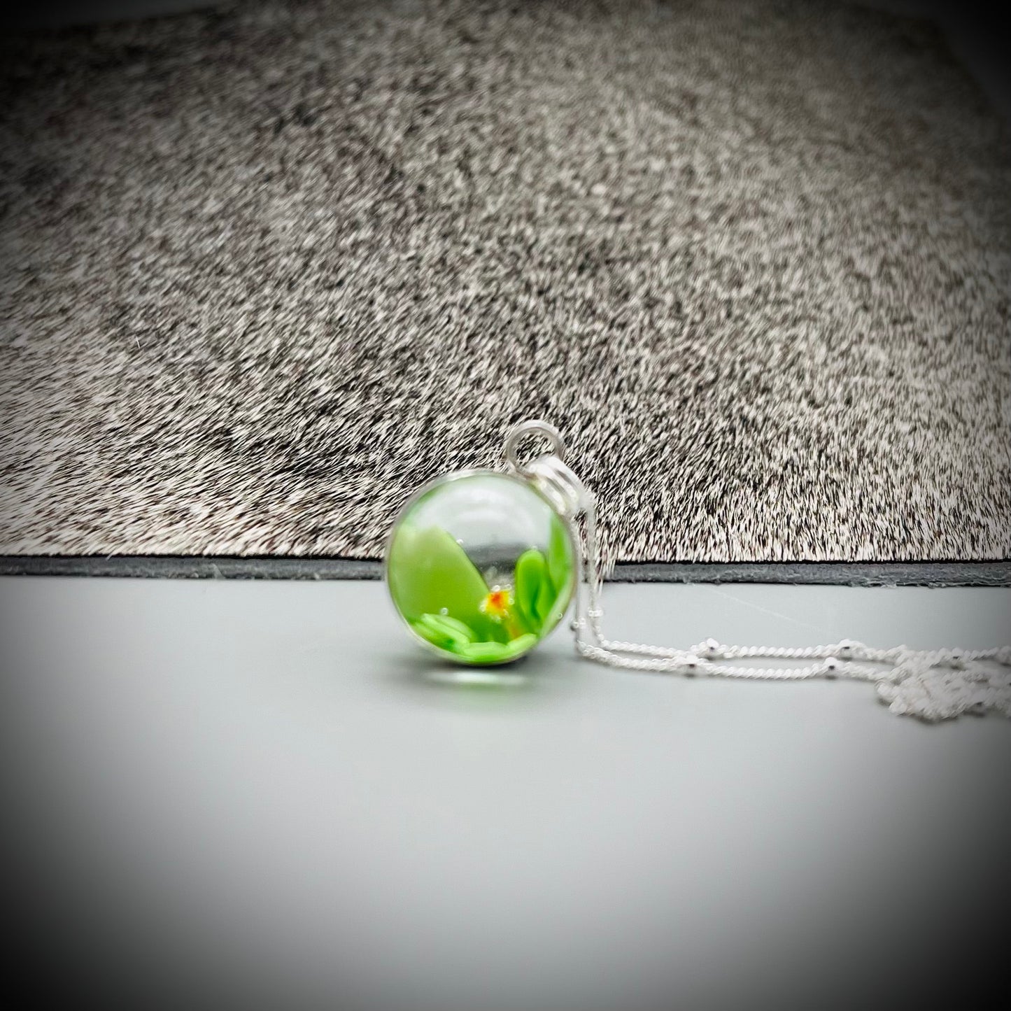 Flower Marble Necklace, Handmade Flower Marble Necklace, Caged Marble Necklace, Green Glass Marble and Silver Necklace