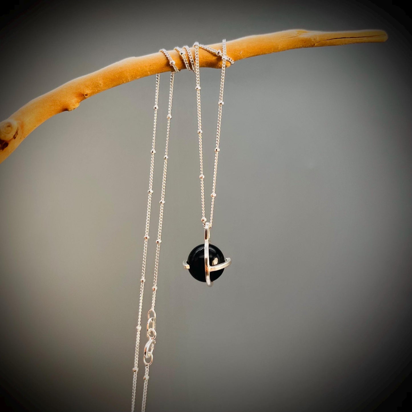 Black Obsidian Crystal Ball Necklace, Obsidian and Sterling Silver Necklace, Obsidian Pendant, Caged Obsidian Crystal