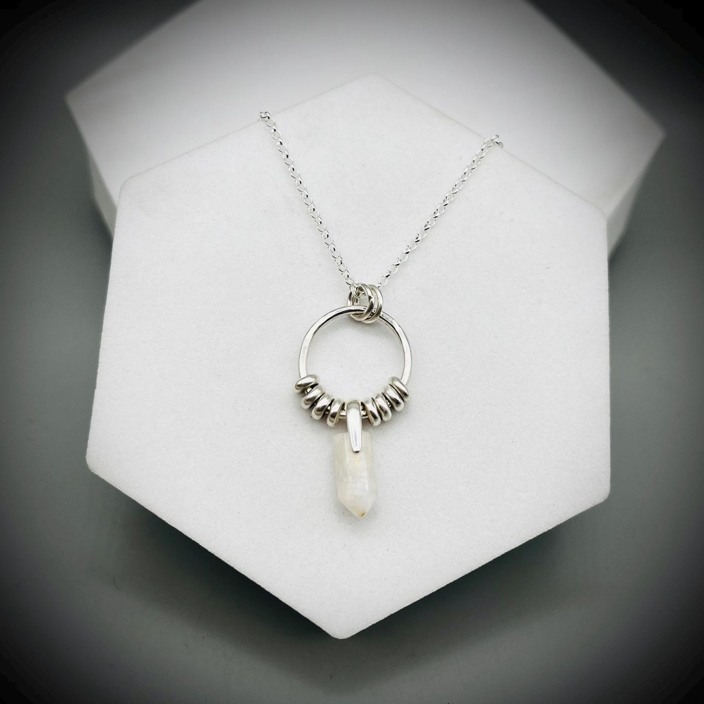 Moonstone Crystal Point Necklace, Moonstone Silver Hoop Pendant, Hammered Hoop Pendant with Moonstone, Silver and Moonstone Point Pendant