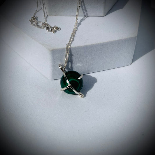 Malachite Crystal Ball Necklace, Malachite and Sterling Silver Necklace, Caged Malachite Pendant, Malachite Crystal Ball