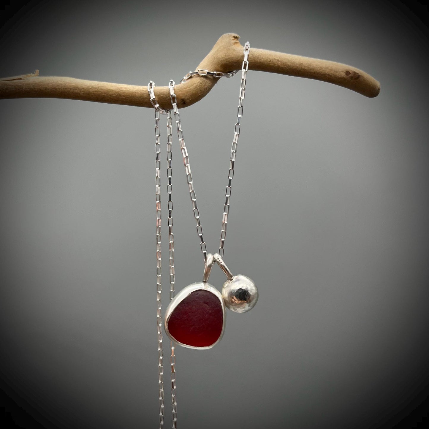 Red Sea Glass and Eco Silver Pebble Necklace, Red Sea Glass Pendant, Recycled Eco Silver Pebble Necklace, Red Sea Glass Necklace